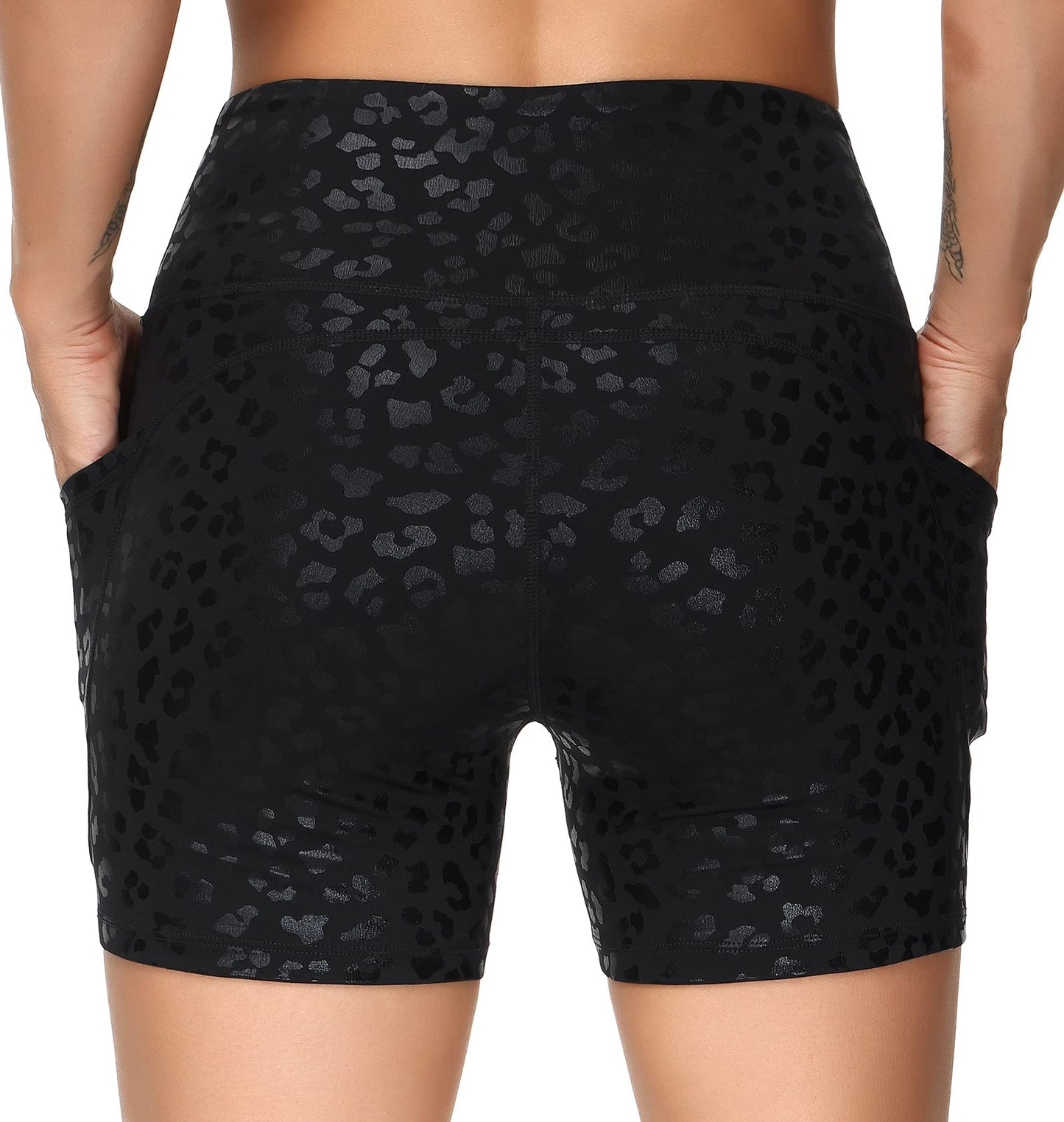 THE GYM PEOPLE High Waist Yoga Shorts for Women Tummy Control Fitness Athletic Workout Running Shorts with Deep Pockets (Medium, Black spot Leopard)