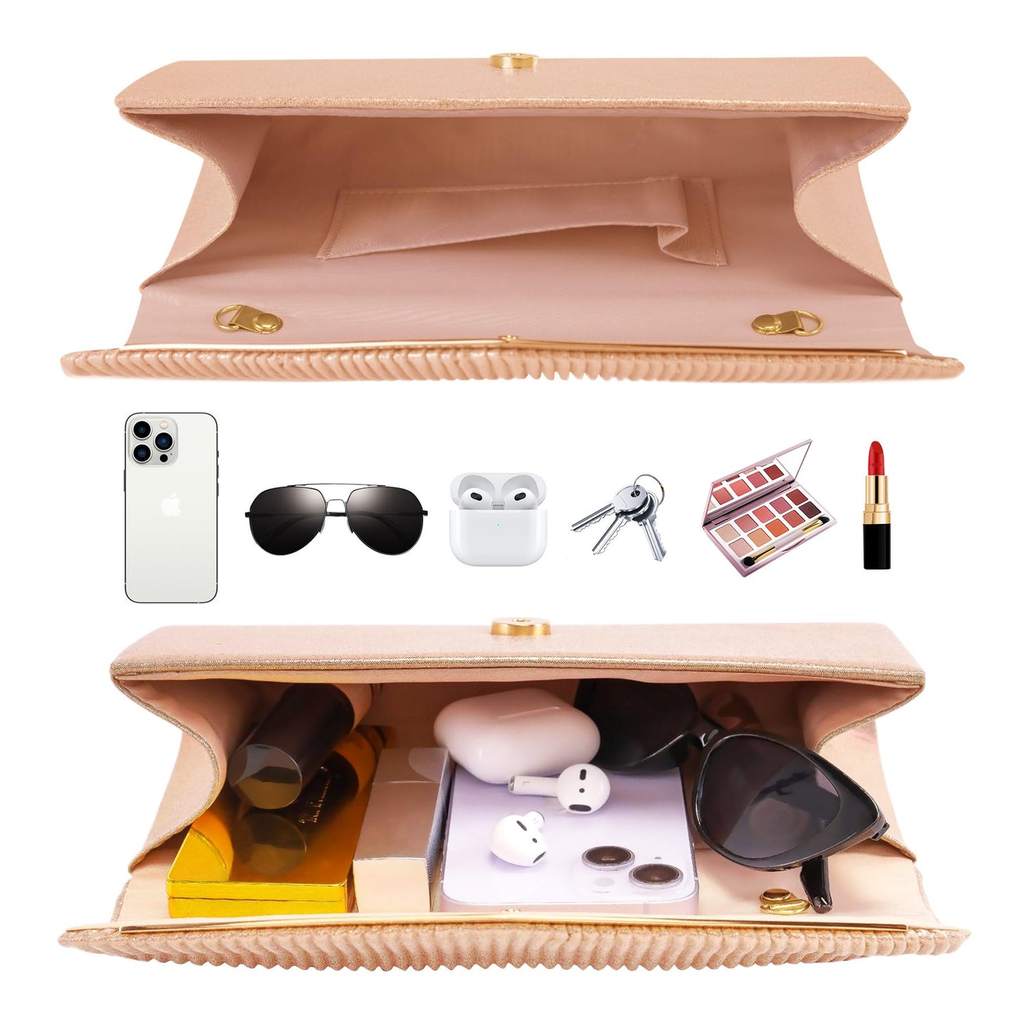 Larcenciel Clutch Purses for Women, Sparkly Envelope Evening Bag with Chain, Chic Vertical Lines Ladies Crossbody Handbags Money Phone Purse for Prom Party Wedding Cocktail, 9.05x1.97x4.72in (Silver)