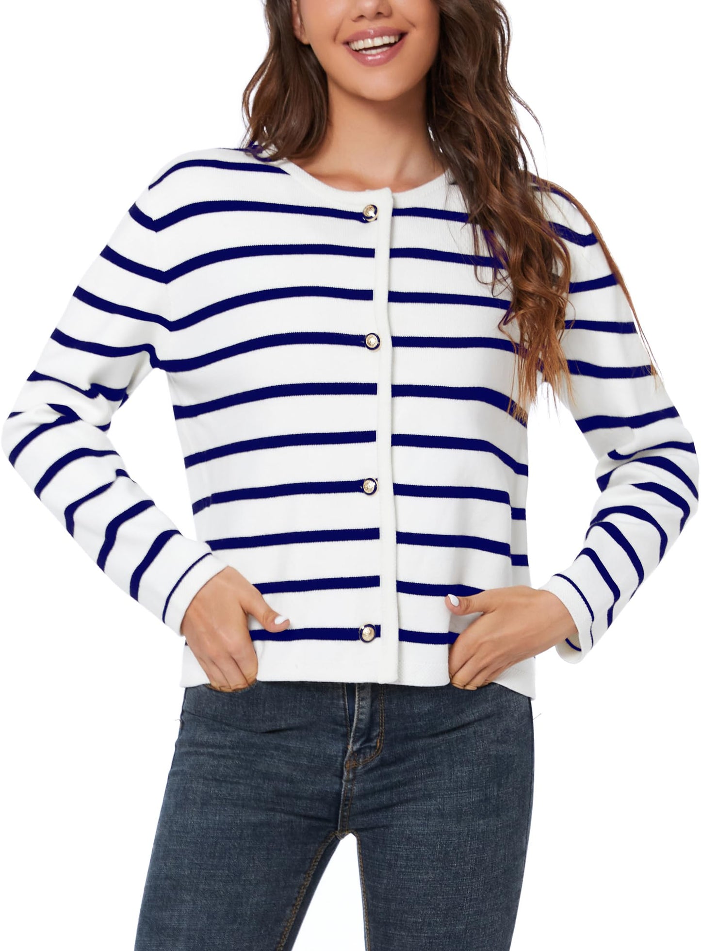 LATAHUO Women's Striped Cardigan Sweater Trendy Long Sleeve Button Down Crewneck Knit Cardigans(Navy+White, Medium)