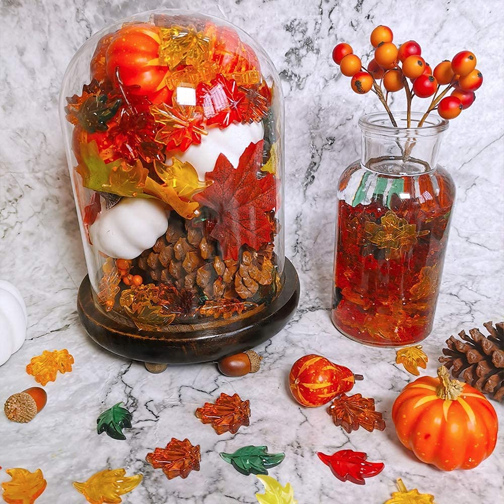 100PCS Acrylic Leaves Mini Pumpkins Acorns Maple Leaves Acrylic Fall Decorations, Thanksgiving Table Scatter Fall Vase Filler Gems for DIY Crafts, Home Decoration, Thanksgiving and Autumn Decor