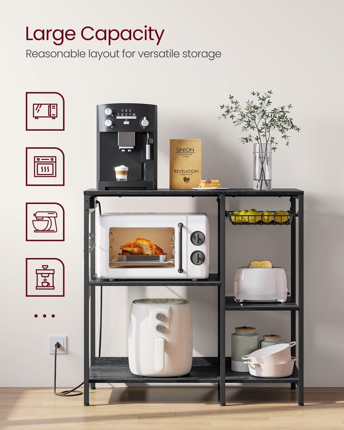 VASAGLE Baker's Rack, Coffee Bar Stand with Charging Station, Storage Shelves, Pull-Out Wire Basket, Table for Microwave, Kitchen, Charcoal Gray UKKS036B22, 15.7 x 35.4 x 35.6 Inches