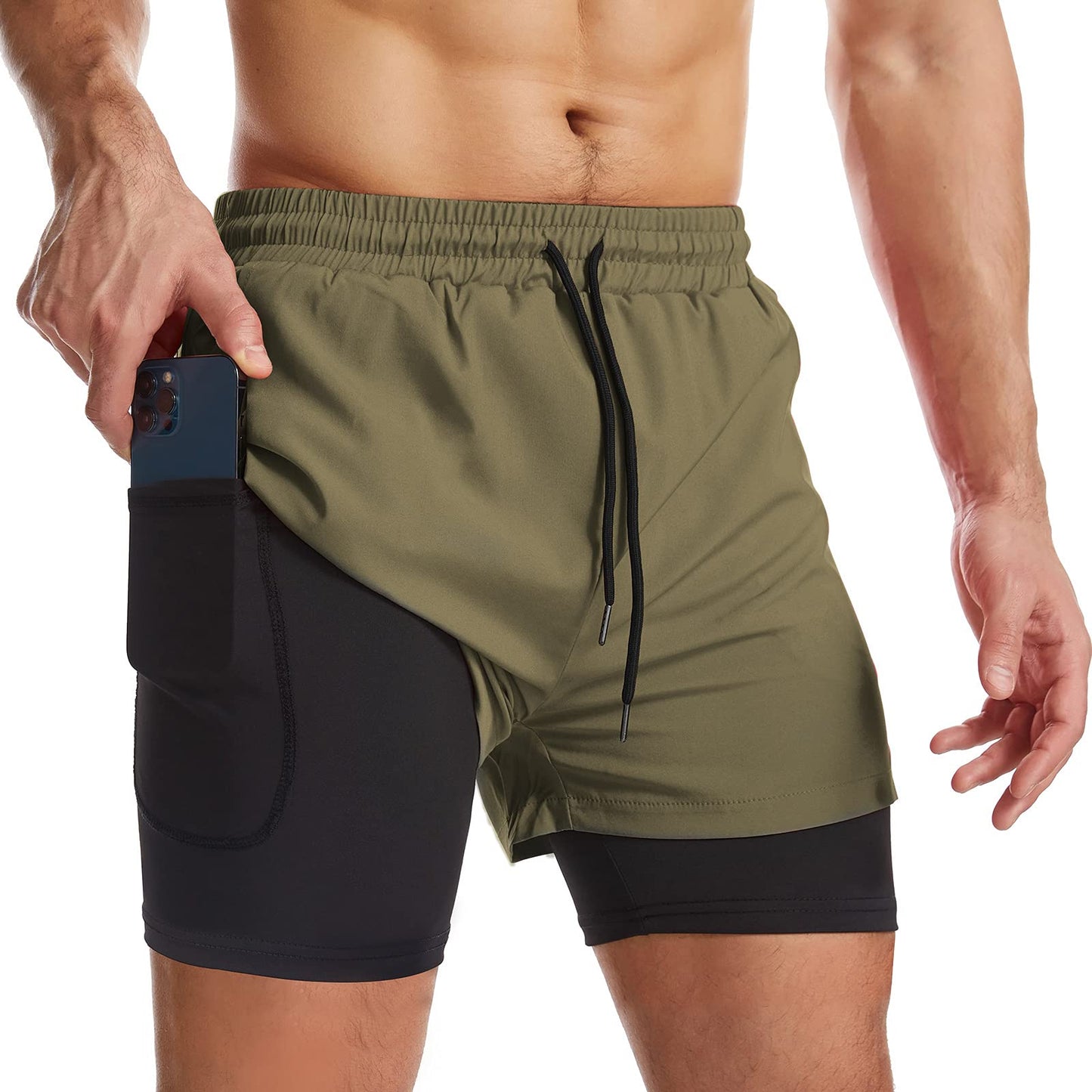 Surenow Mens 2 in 1 Running Shorts Quick Dry Athletic Shorts with Liner, Workout Shorts with Zip Pockets and Towel Loop Green