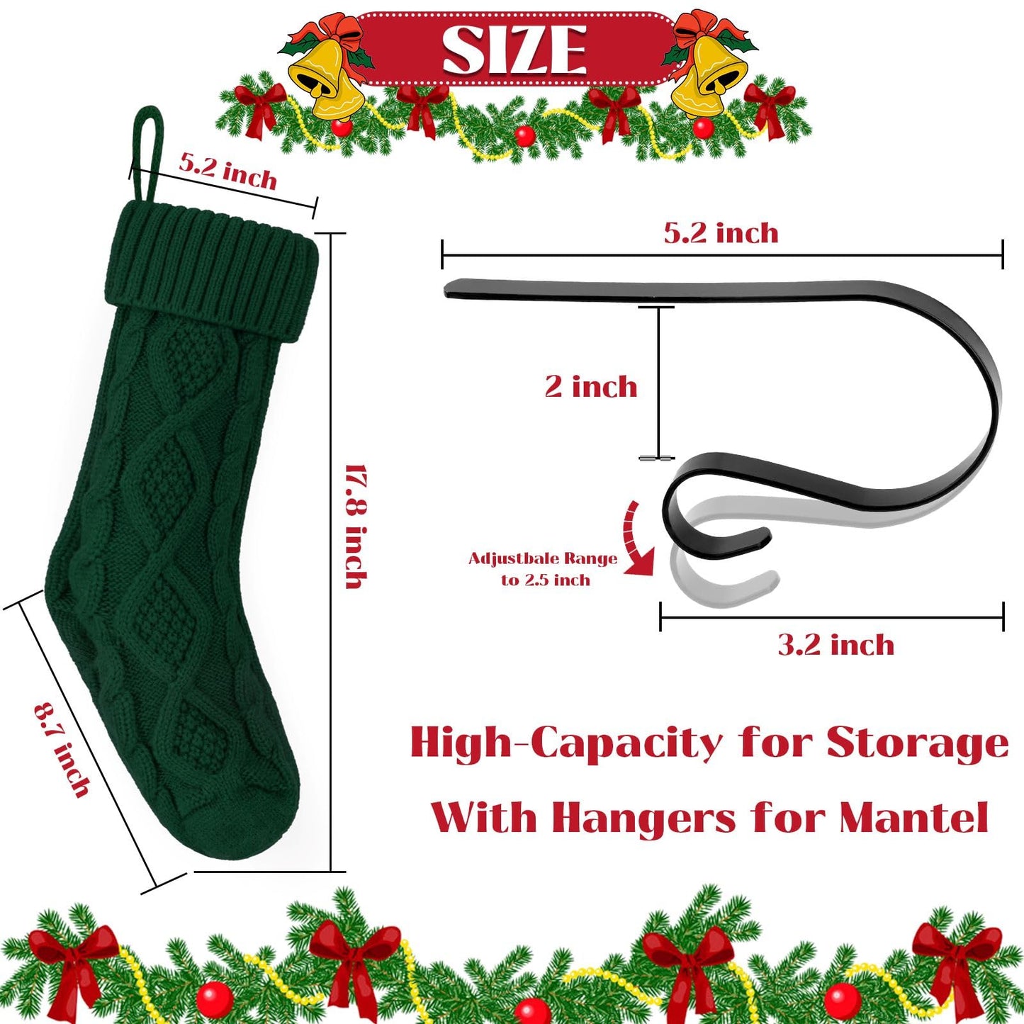 TOVERKAU 18 Inches Christmas Stockings 6 Pack, Traditional Knitted Xmas Hanging Stockings, Red, Ivory, Green, Christmas Holiday Party Decoration