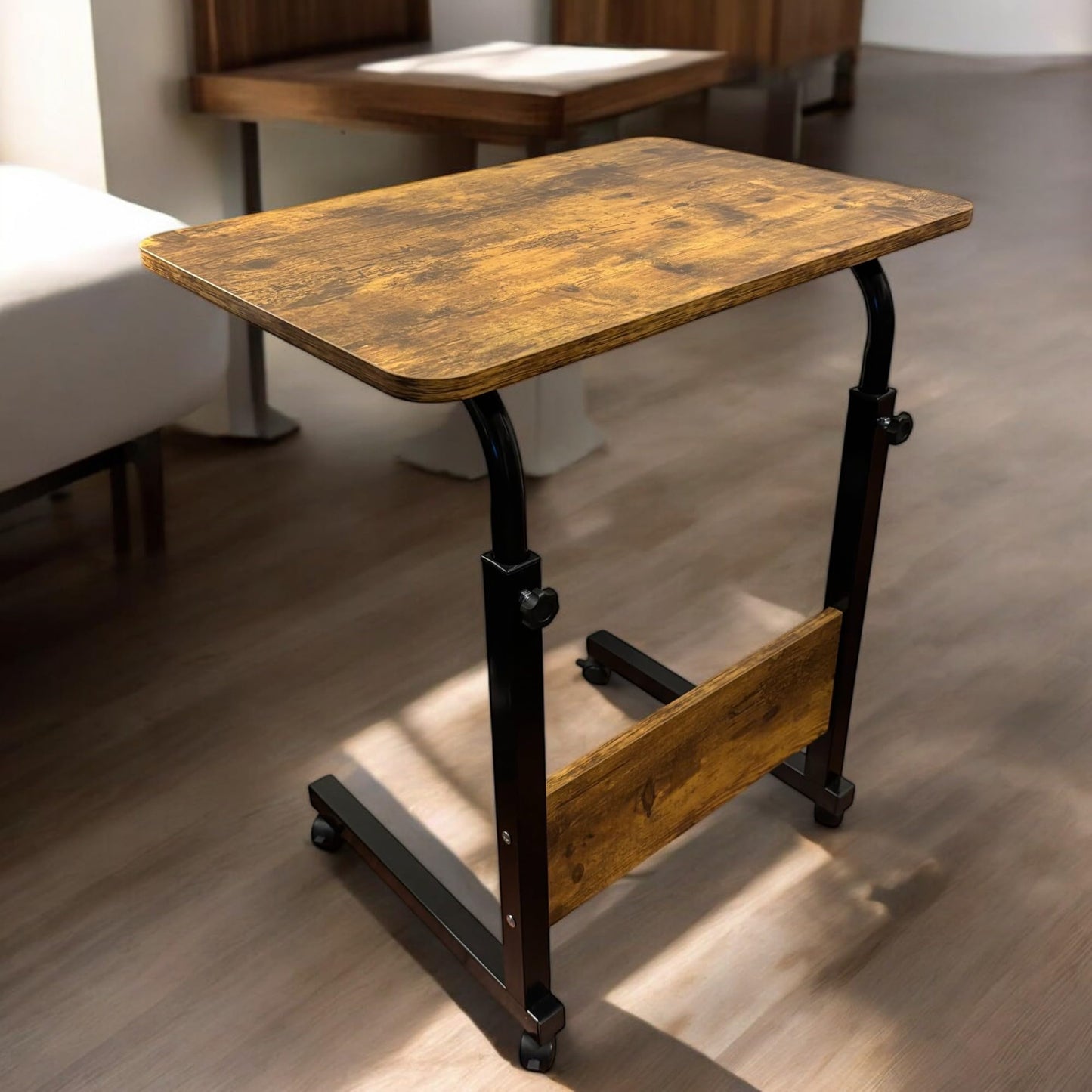 Tinymod Adjustable Mobile C-Shaped Table, 23.6-Inch Portable Laptop Desk with Wheels, Side Table for Bed, Couch, or Office, Rustic Brown