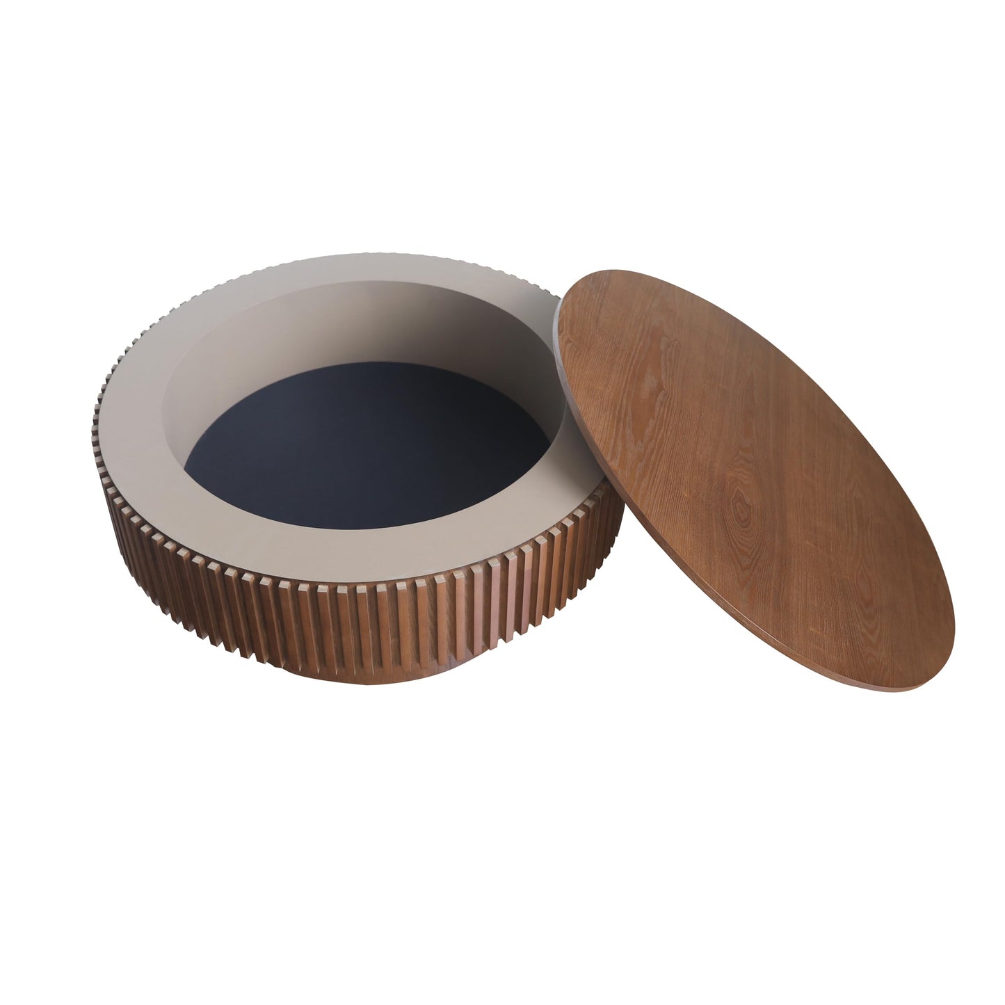 BSYEIO 31.5'' Round Coffee Table with Storage, Modern Luxury Circle Drum Center Tables with Solid Wood Veneered, Accent Side Coffee Table for Living Room, Bedroom, Apartment-Walnut