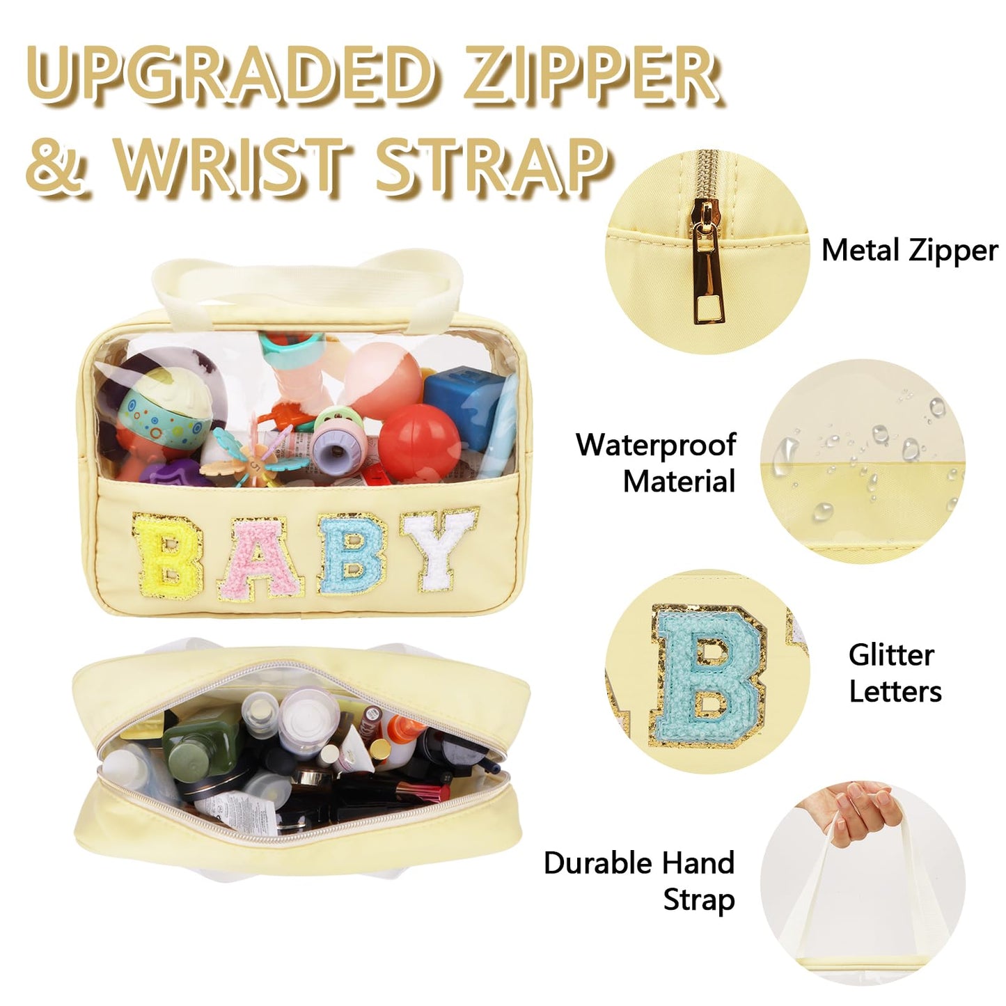 Iqimott Chenille Letter Patch Baby Bag, Preppy Clear Makeup Cosmetic Bag Large Toiletry Storage Tote Bag with Handle, Transparent Nylon Waterproof Organizer Zipper Pouch for Travel Women Girls(Beige)