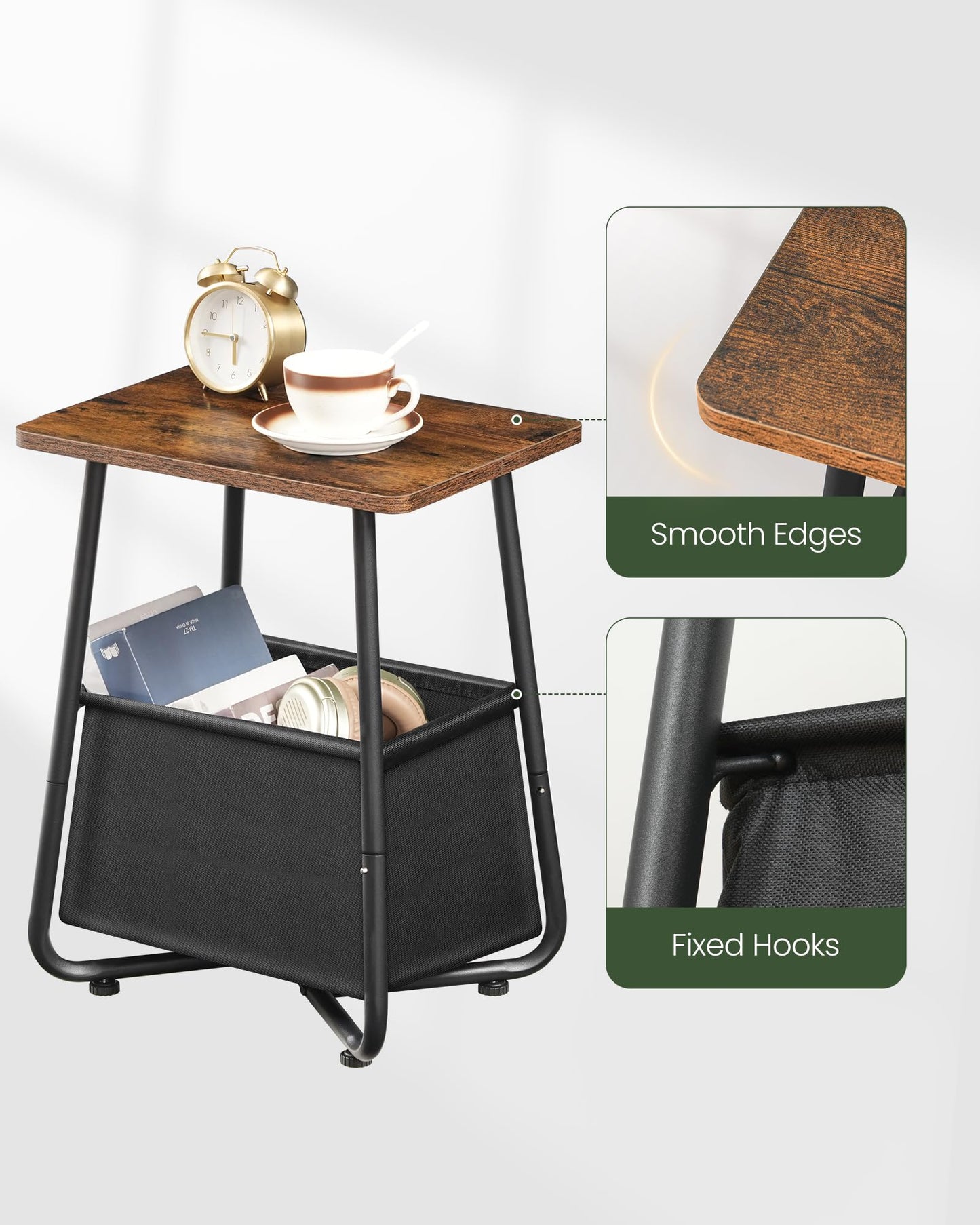 CHOEZON Small Side Table, Nightstand with Detachable Oxford Fabric Basket, Bedside Table, for Small Spaces, End Table, for Nursery, Living Room, Bedroom, Rustic Brown TBZ13BF