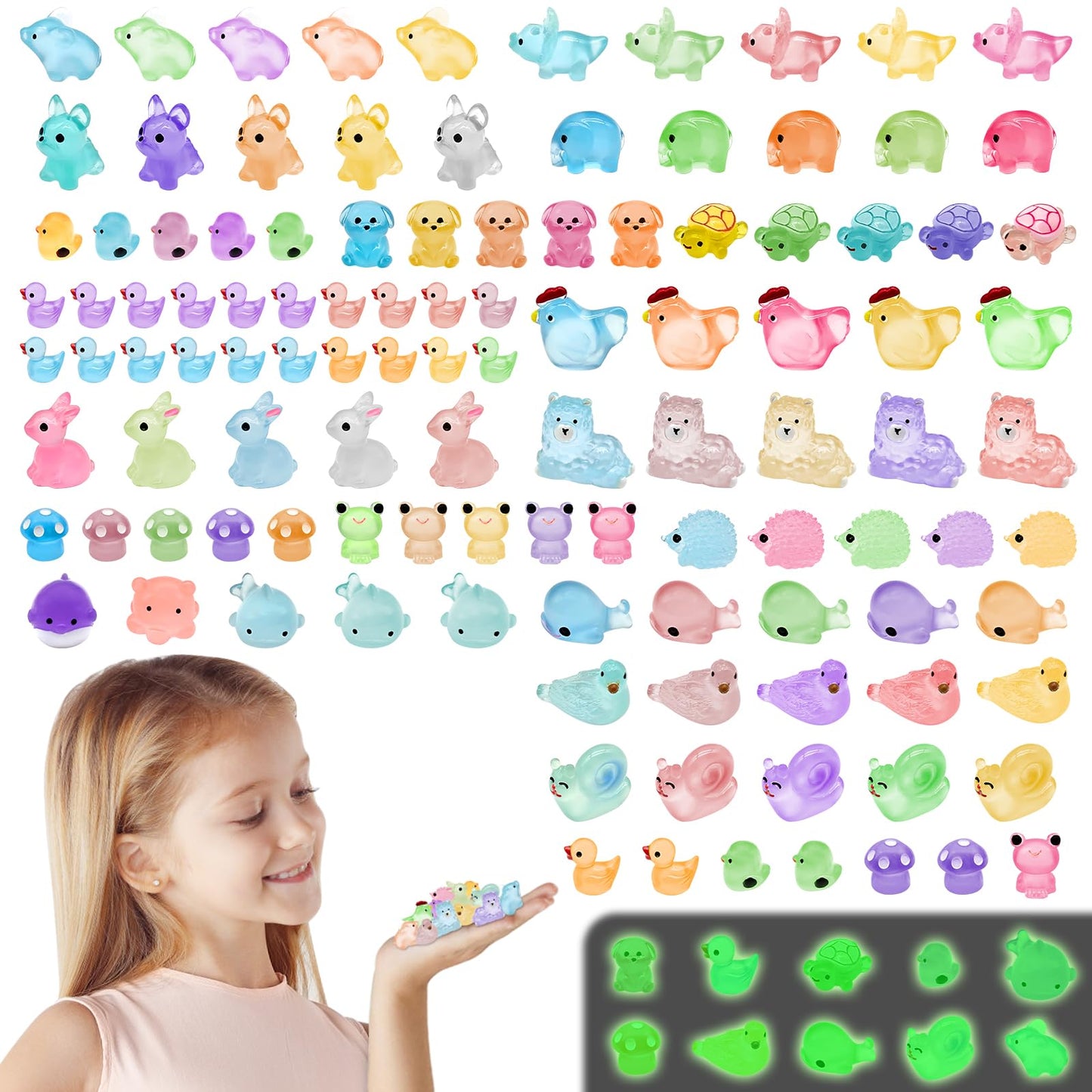120PCS Luminous Mini Resin Animals Tiny Animals Figures to Hide, Mini Ducks Chicken Rabbits Glow in The Dark Miniature Fairy Garden Accessories, Landscape Dollhouse Decor Aquarium Potted Decoration