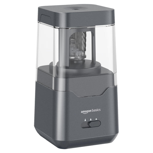 Amazon Basics Portable Electric Pencil Sharpener, Helical Blade, Auto Stop, Battery/USB Cord Operated, Black, 2.87 x 2.87 x 5.3 in