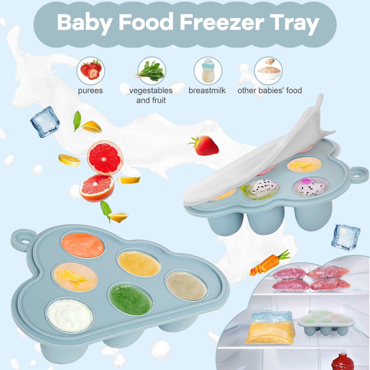 Baby Teething Toys and Fruit Feeder Breastmilk Popsicle Mold Set, Silicone Teether Food Feeder Pacifier Teething Relief Toy Set with Frozen Tray Baby Feeding Teething Essentials for 0+ Months