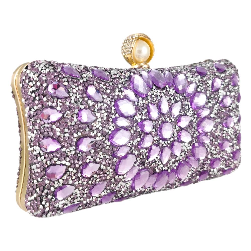 Boutique De FGG Pearl Clasp Crystal Clutch Purses for Women Evening Bags Wedding Handbag Party Rhinestone Clutch Bag,Mini,Light Purple