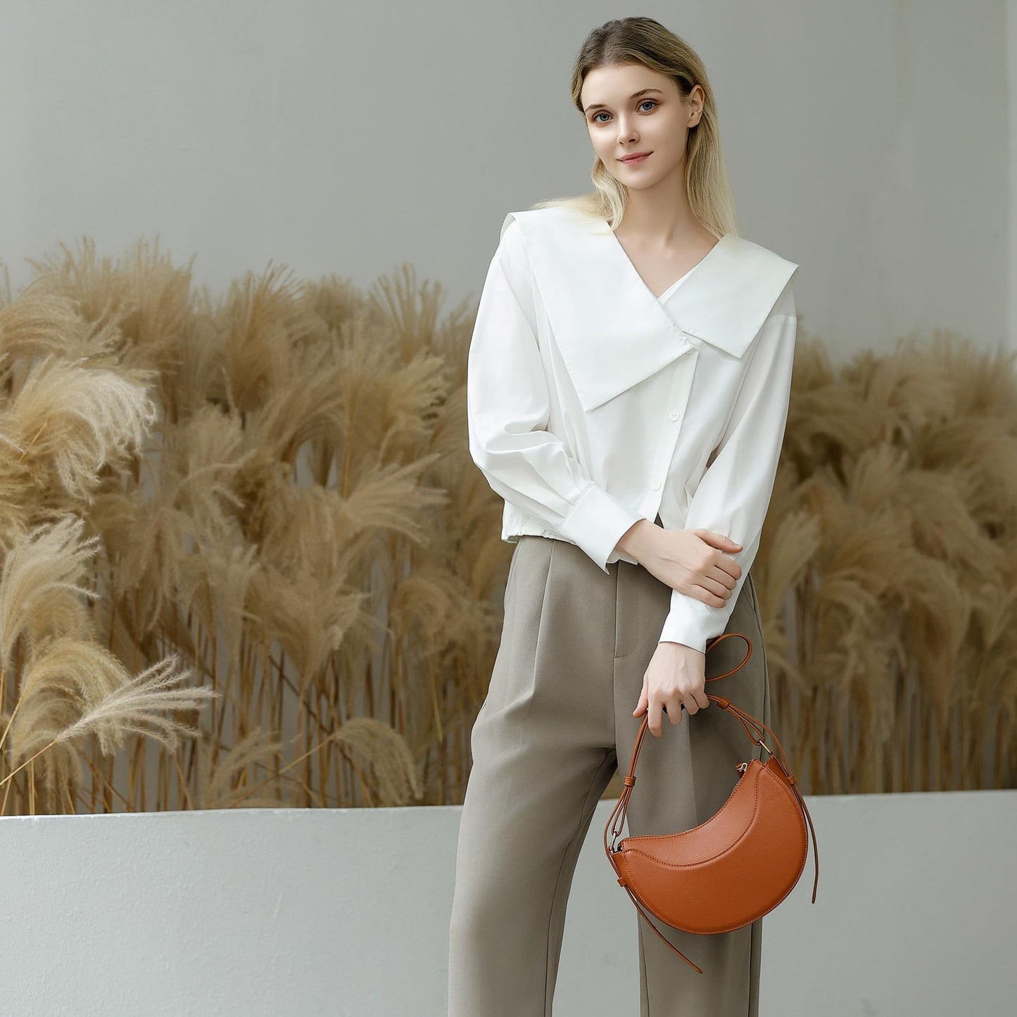 Herald Small Leather Crossbody Bag for Women, Designer Crescent Shoulder Purse Handbag with Adjustable Strap & Tassel (Brown)