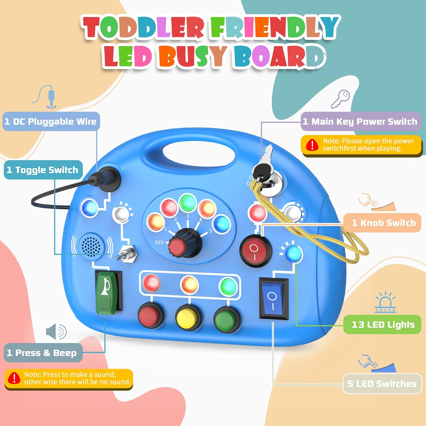 JIWORT Busy Board with LED Light, Montessori Busy Board for 1+ Year Old, Sensory Toys for Toddlers 1-3, Fidget Board Travel Toys for Kids Preschool Learning Activities Boys Birthday (Blue)