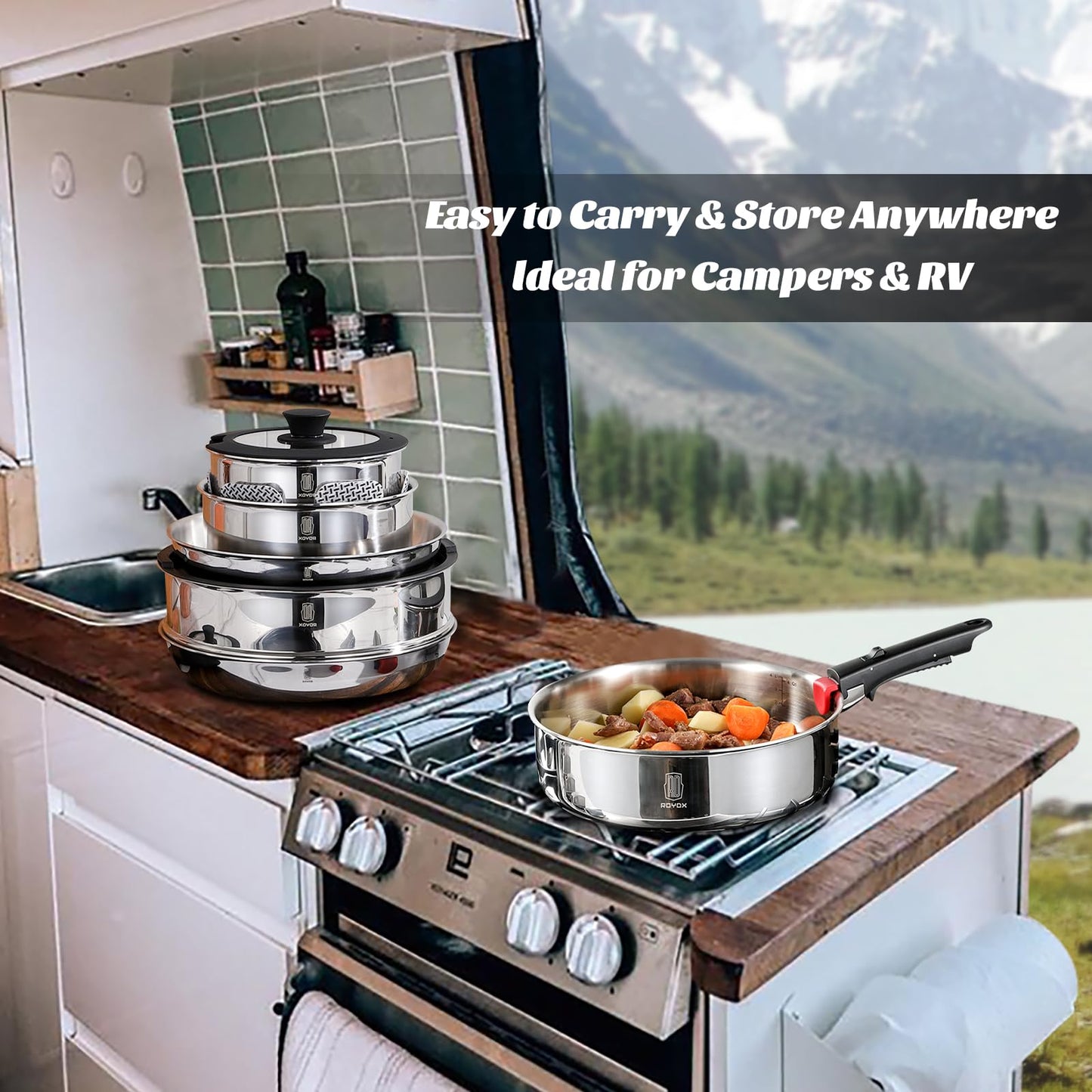 ROYDX 20pcs Pots and Pans Set, Stainless Steel Cookware Set Detachable Handle, Induction Kitchen Stackable RV Cookware Sets, (Camper, Boat, Small Kitchen), Dishwasher Safe&Oven Safe, PFOA Free, Silver