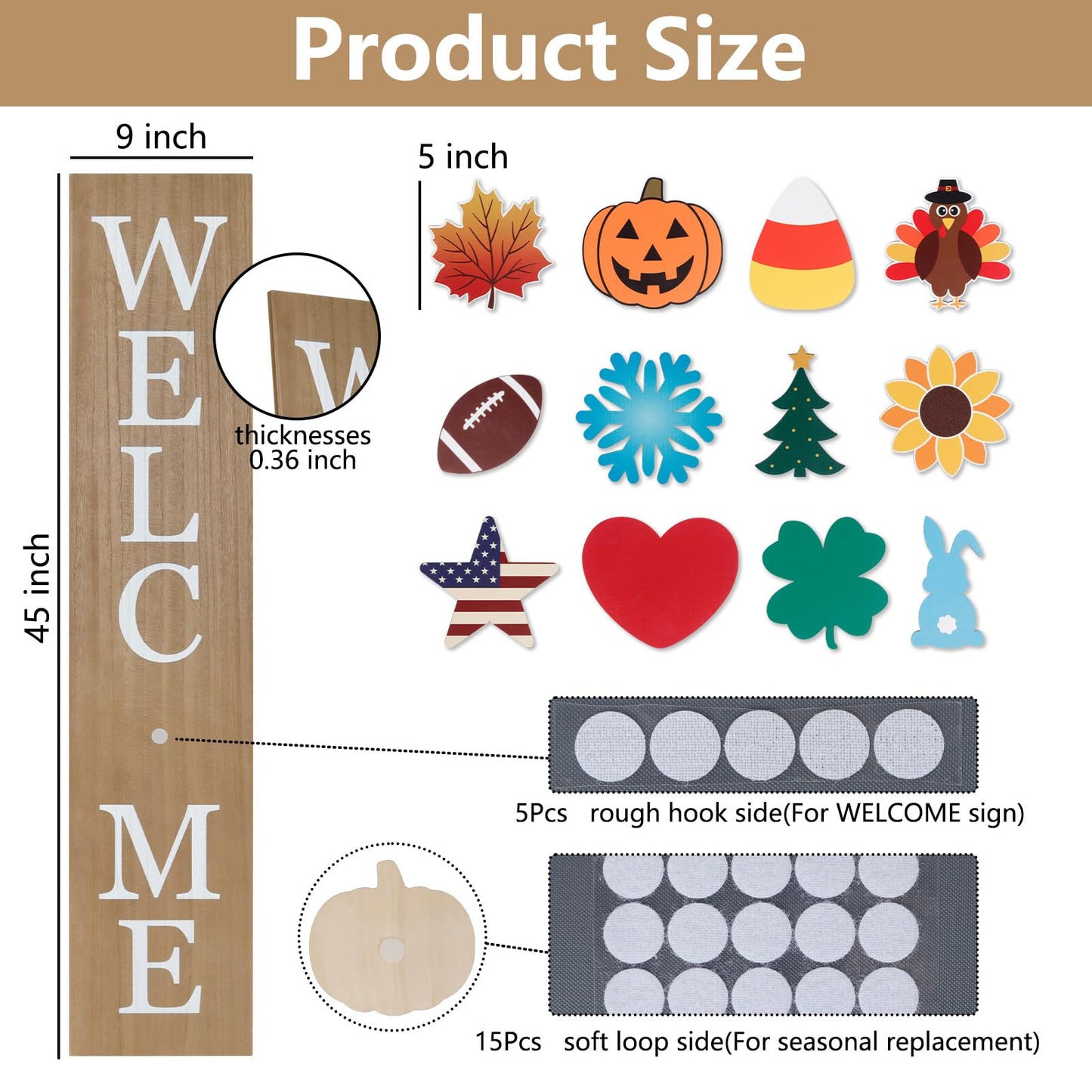 Interchangeable Welcome Sign for Front Porch- 45"X9" Large Standing/Hanging Wooden Sign with 12 PCS Replaceable Icons for 4th of July Fall Halloween Porch Wall Yard Decorations