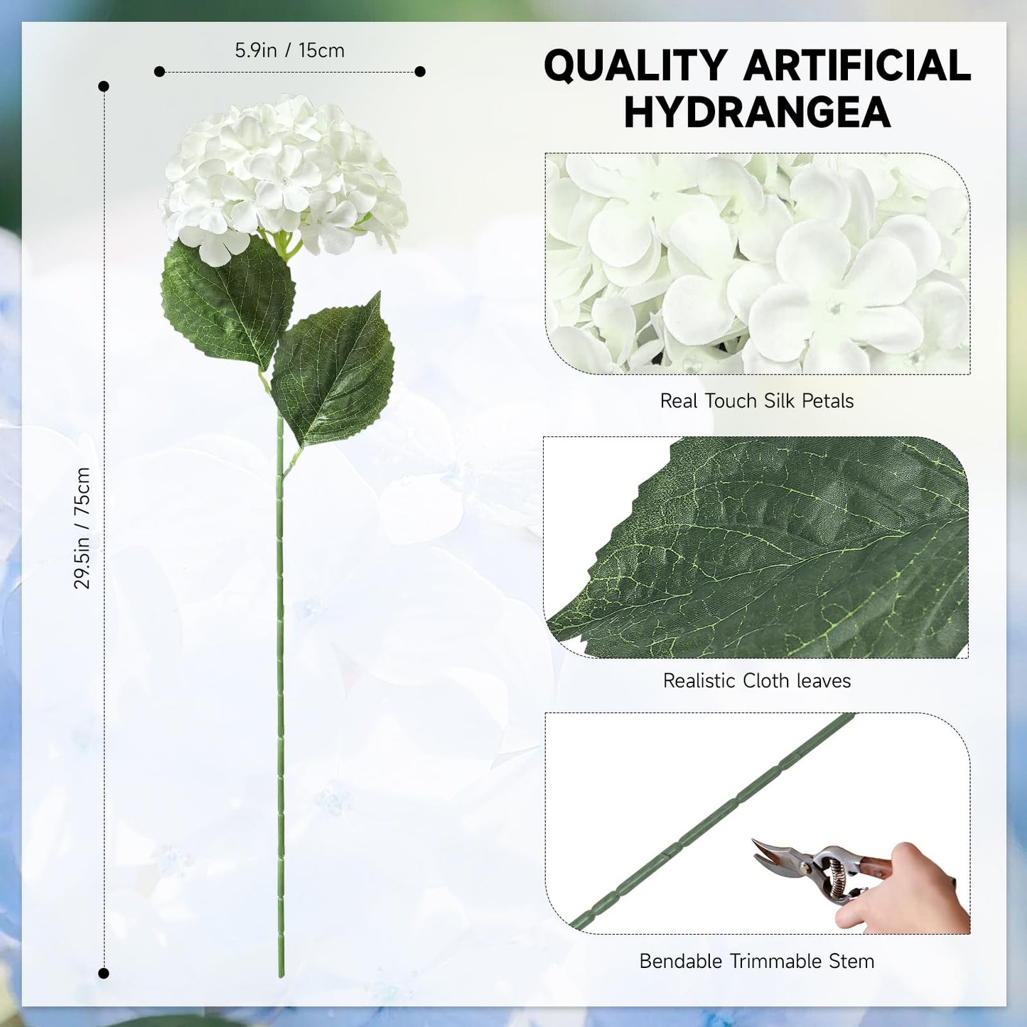 Subacy 6 PCS Artificial Hydrangea Flowers, Faux Silk Hydrangea with Long Stems, Home Wedding Decor, Table Centerpieces, Party Decorations(White)