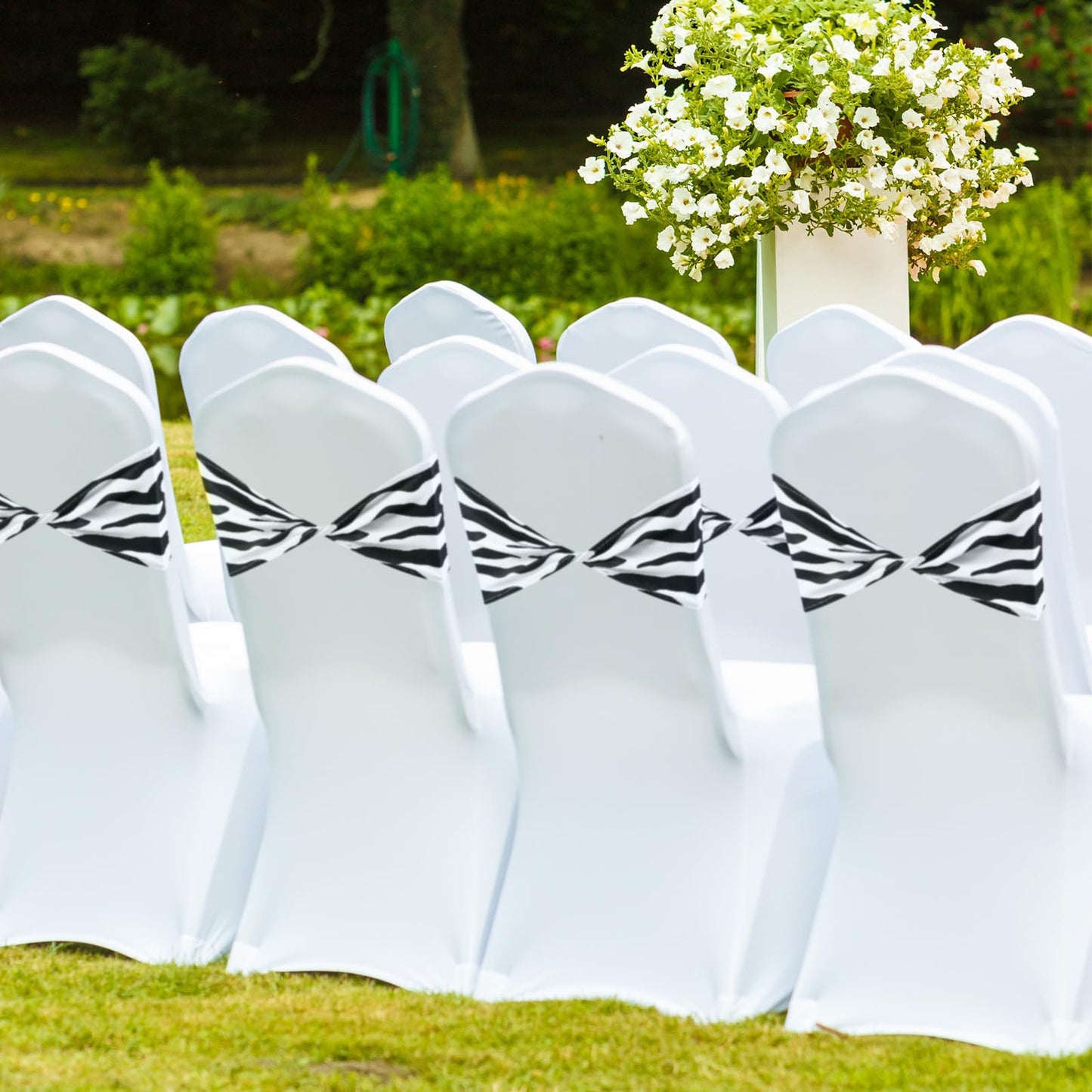 Newwiee 36 Pcs Spandex Chair Bands Animal Print Elastic Chair Sashes Bow Polyester Chair Cover Bands Ties Without Buckle for Animal Safari Jungle Theme Party Birthday Decor (Zebra Stripe)