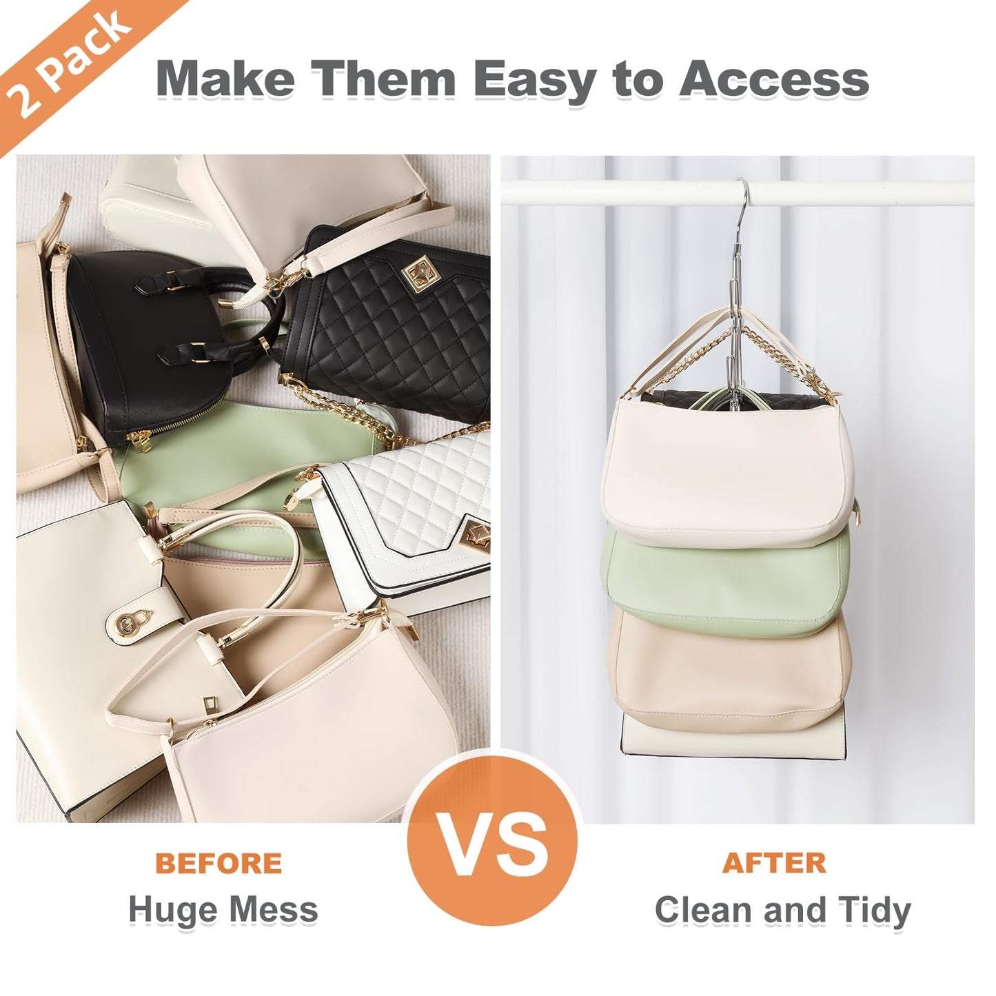 TOPIA HANGER Purse Hanger Organizer for Closet, 2-Pack Handbag Organizer Hanger, 360°Swivel Metal Purse Hooks, Bag Rack, Belt Organizer, Tie Rack, Scarf Hanger, Bag Storage Organizer, Silver