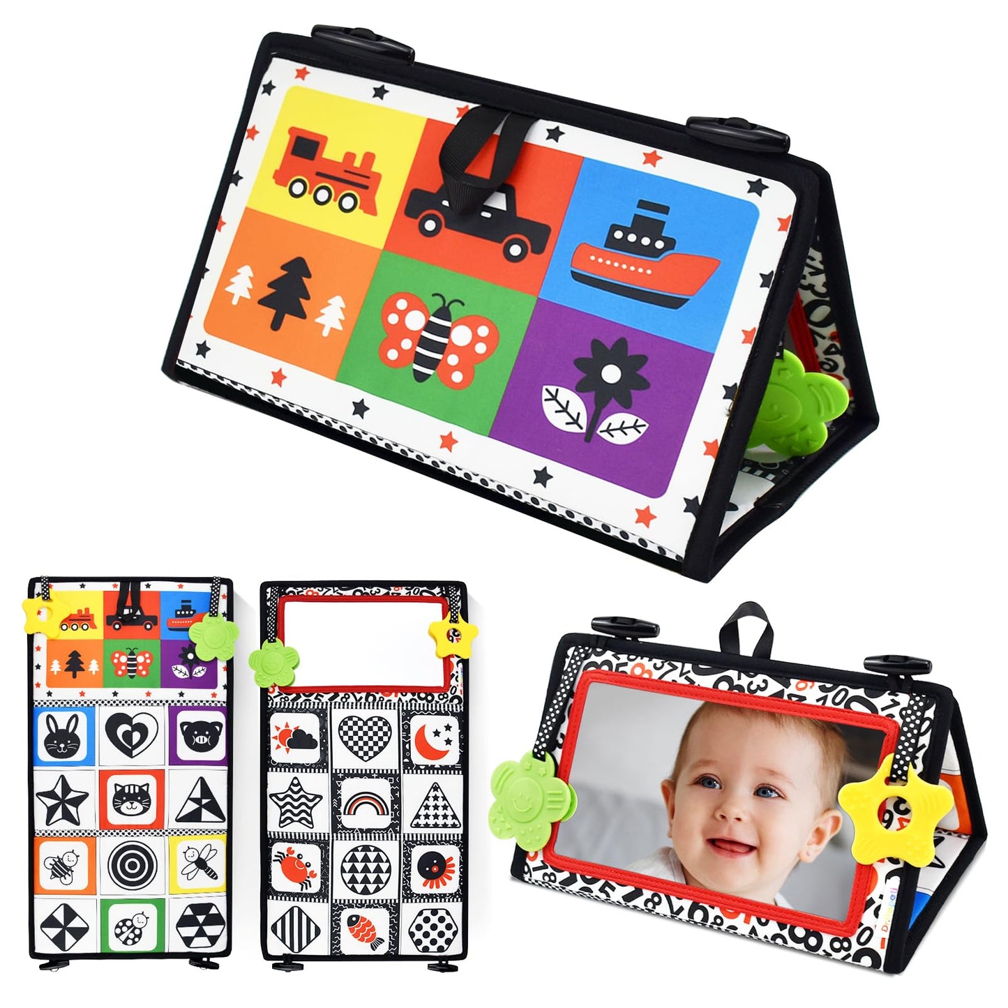 Dr.Rapeti Tummy Time Floor Mirror for Baby Infant Toddler Kids Black and White High Contrast Baby Toy with Teethers Floor Activity Toy Washable Non-Toxic