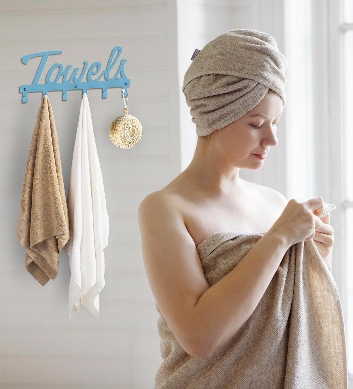 Livelab Towel Rack, Towel Racks for Bathroom Wall Mounted, 6 Hooks Blue Metal Towel Holder for Bathroom Space Saving, Waterproof Rustproof Easy Install Bathroom Decor Towel Hanger Organizer