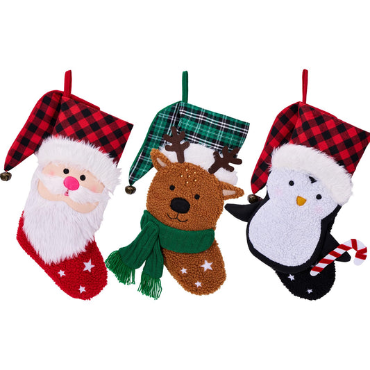 Munidow 3 Pack 18" Large Christmas Stocking, 3D Plush Christmas Stocking Santa Penguin Fur Xmas Stocking Holiday Christmas Decoration Gifts for Family Holiday Christmas Party Decorations D1
