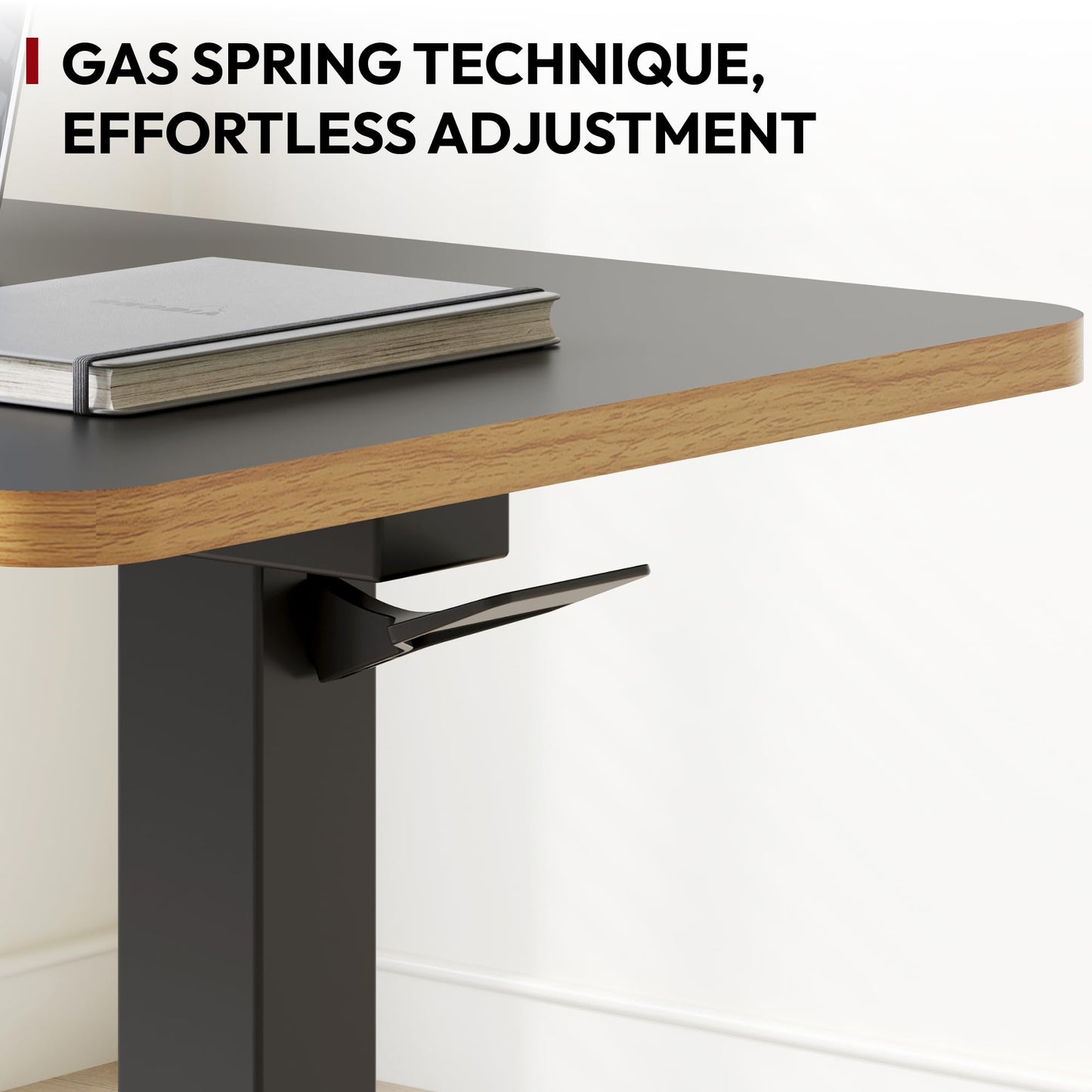 SANODESK Medical Adjustable Overbed Bedside Table with Hidden Casters, Pneumatic Mobile Laptop Computer Standing Desk Cart with Tray, Hospital and Home Use(27.6" W x 15.7" D, Black)