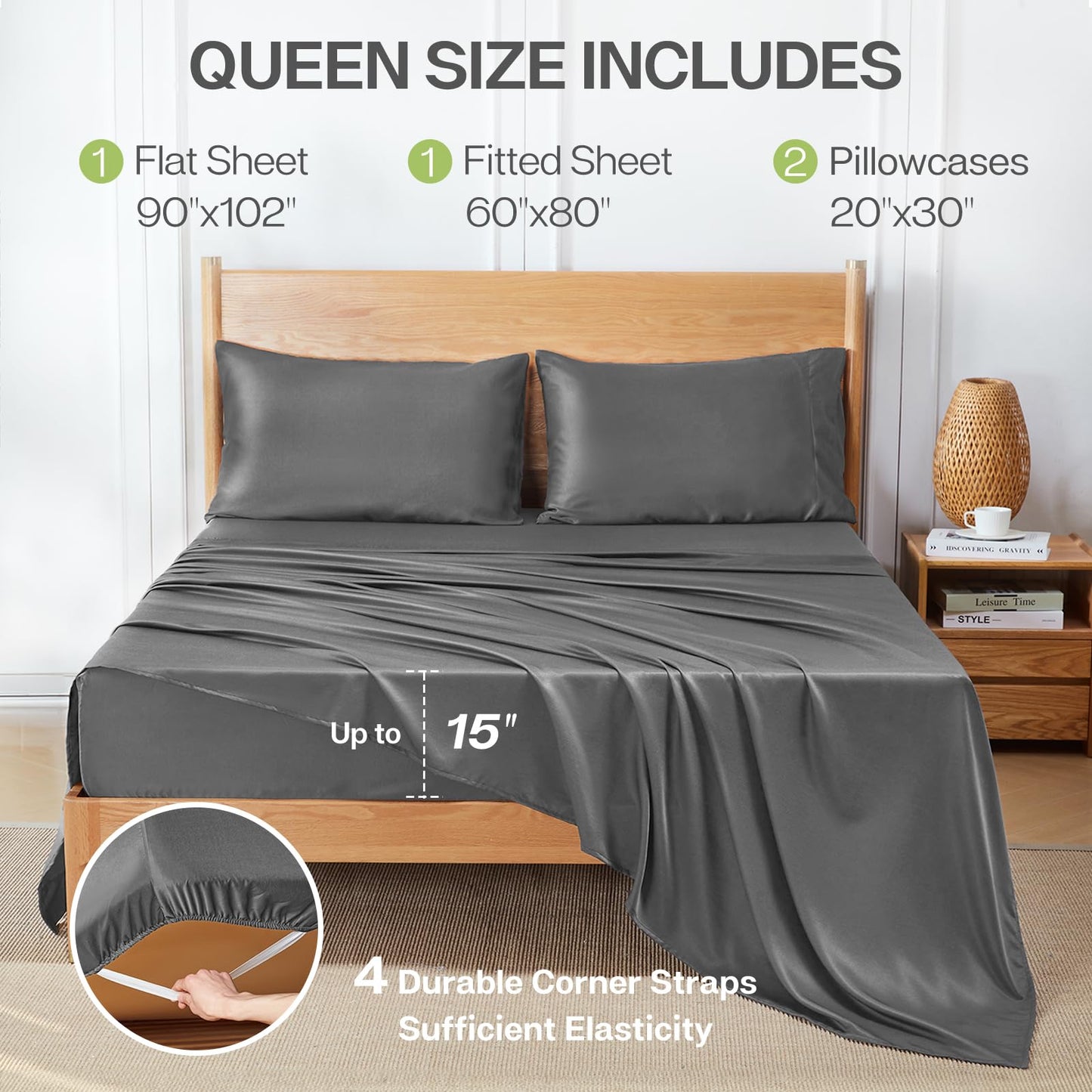 MR&HM Queen Sheet Set, 4-Piece Cooling Sheets, Rayon Derived from Bamboo & Polyester Blend, Soft & Silky, 15" Deep Pockets with Elastic Straps, Hotel Luxury for Hot Sleepers, Grey
