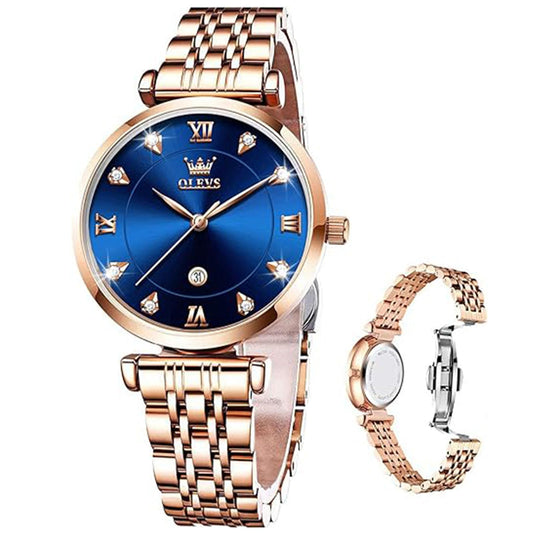 OLEVS Blue Dress Watch Watches for Women Luxury Diamonds Female Watches Stainless Steel Waterproof Fashionable Small Ladies Watches Analog Rose Gold Quartz Womens Watch with Date Reloj para Mujer
