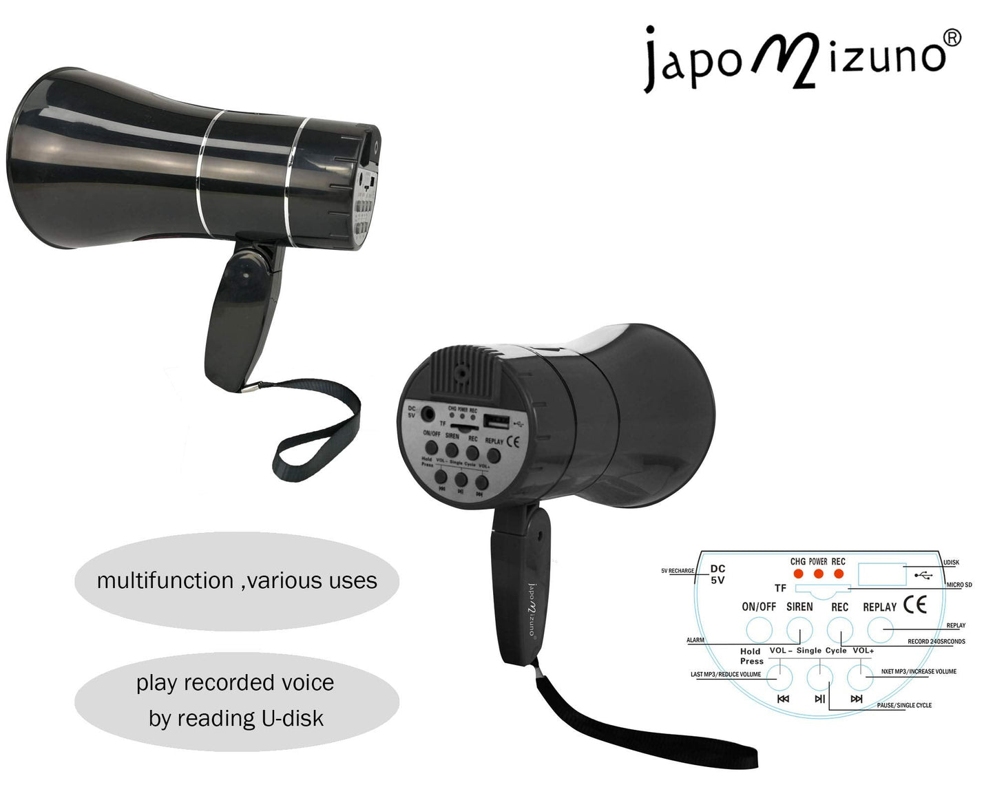 Rechargeable Bullhorn Megaphone Speaker with 240s Recording, Emergency Siren Alarm, U-Disk Playback Portable PA System for Outdoor Events, Coaching, Stadiums Rechargeable Battery Included (Black)