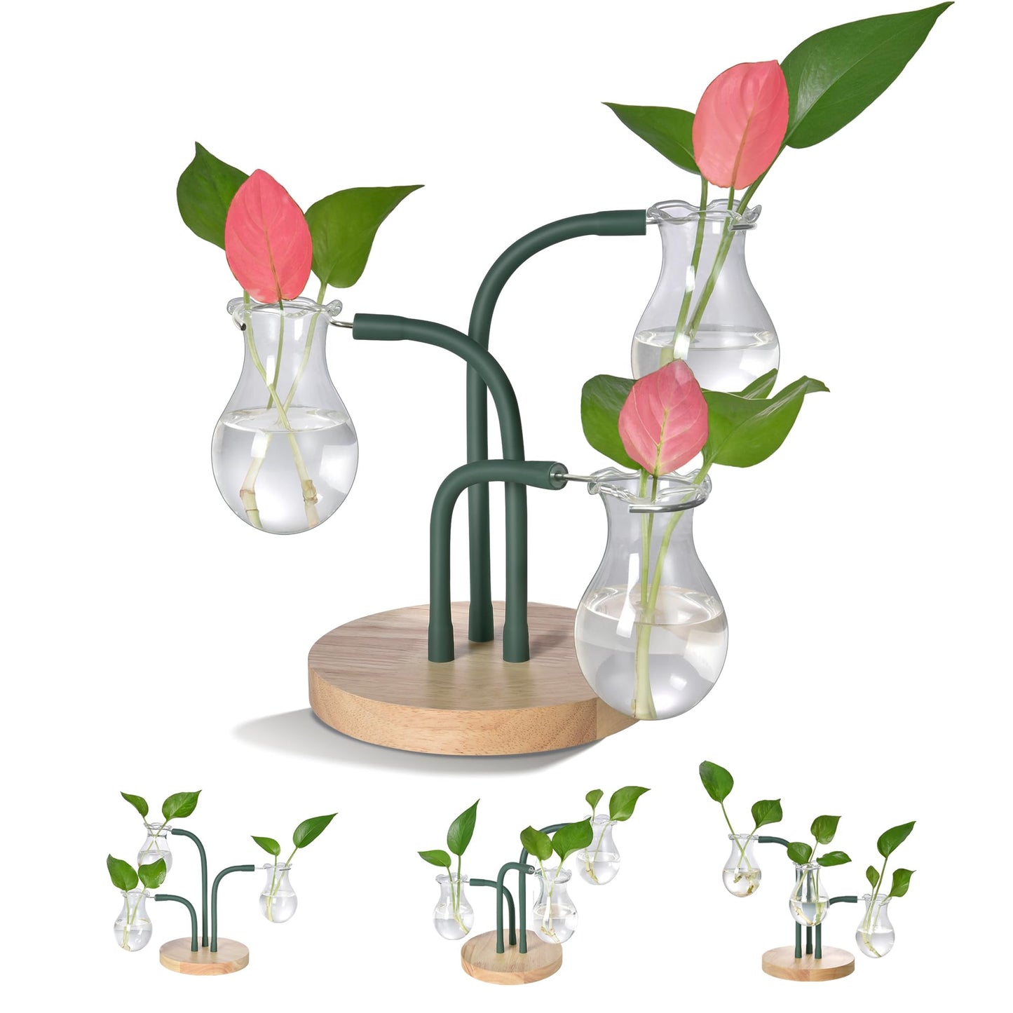 SuJolly DIY Plant Propagation Stations with 3 Flexible Arms, 3 Stylish Glass Vase Bulbs & Oak Wooden Base, Unique Gifts for Plant Lovers, Garden Women, Home or Office Decor, Housewarming Gift Ideas
