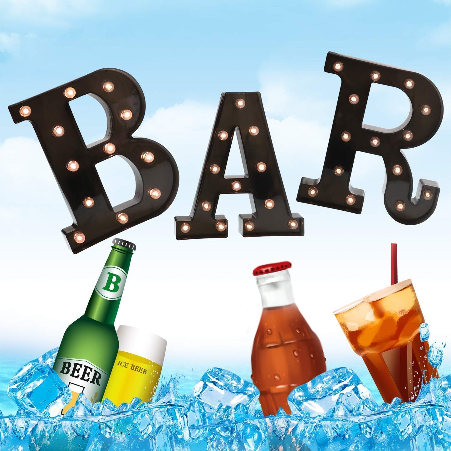 BAR - Illuminated Marquee Bar Sign - Lighted LED Marquee Word Sign - Pre-Lit Pub Bar Sign Light Battery Operated (23.03-in x 8.66-in) (Black BAR)