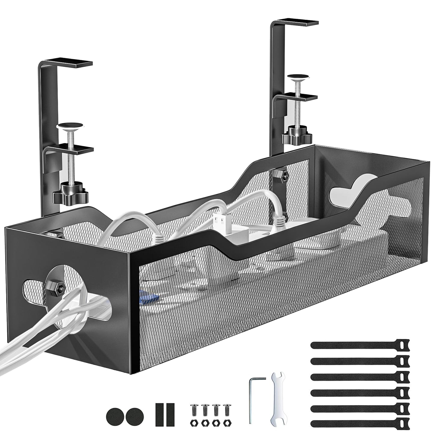 Under Desk Cable Management Tray No Drill, Metal Mesh Cable Management Under Desk with Clamp Mount, 2 Hole Cable Tray with Wire Management and Cord Organizer for Home Office Standing Desk