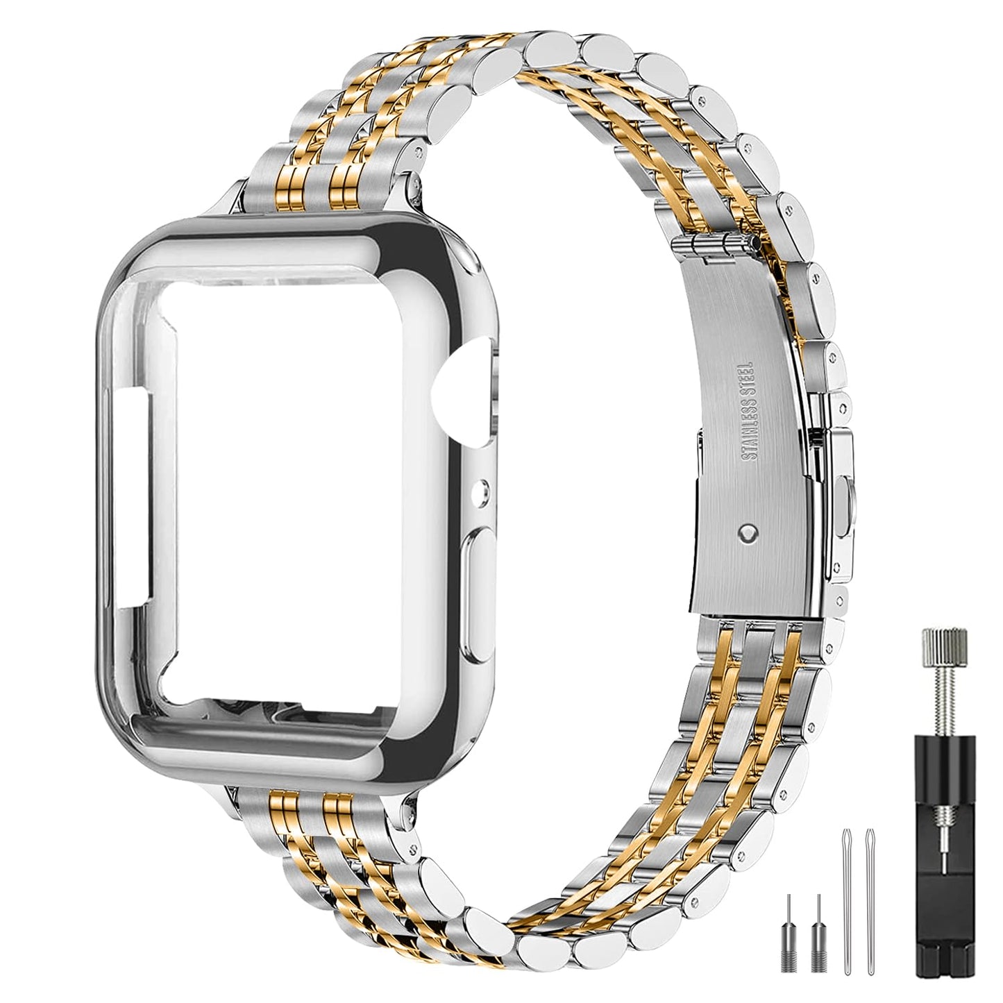 QUNDAXI Slim Metal Stainless Steel Watch Band Compatible with Apple Watch Series 10 42mm Women's Luxury Strap - Silver and Gold