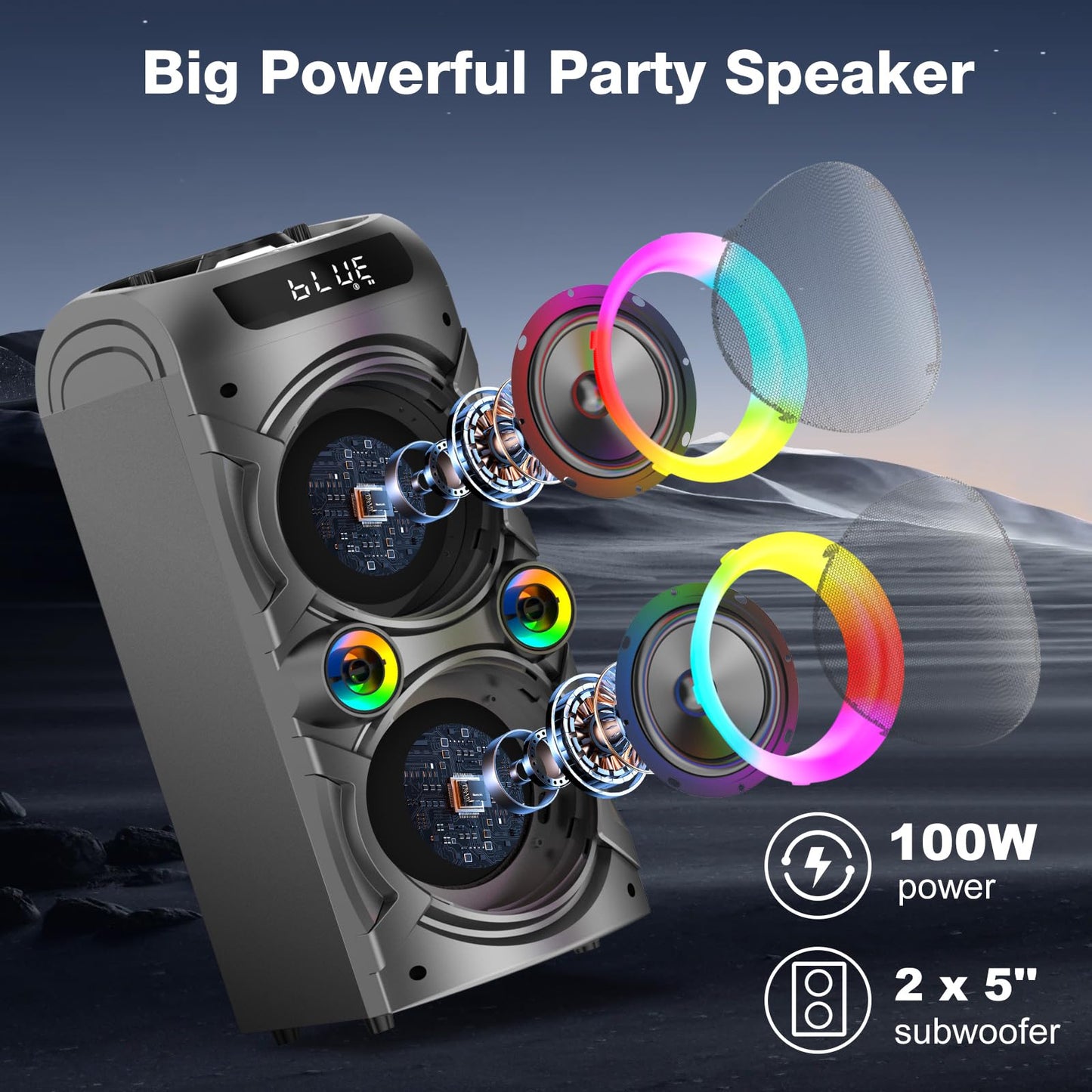 Portable Bluetooth Speaker 100W Big Powerful Wireless Boombox TWS Pairing Loud Stereo Sound Deep Bass Large Party Speakers with Subwoofer LED Lights for Outdoor Home Camping