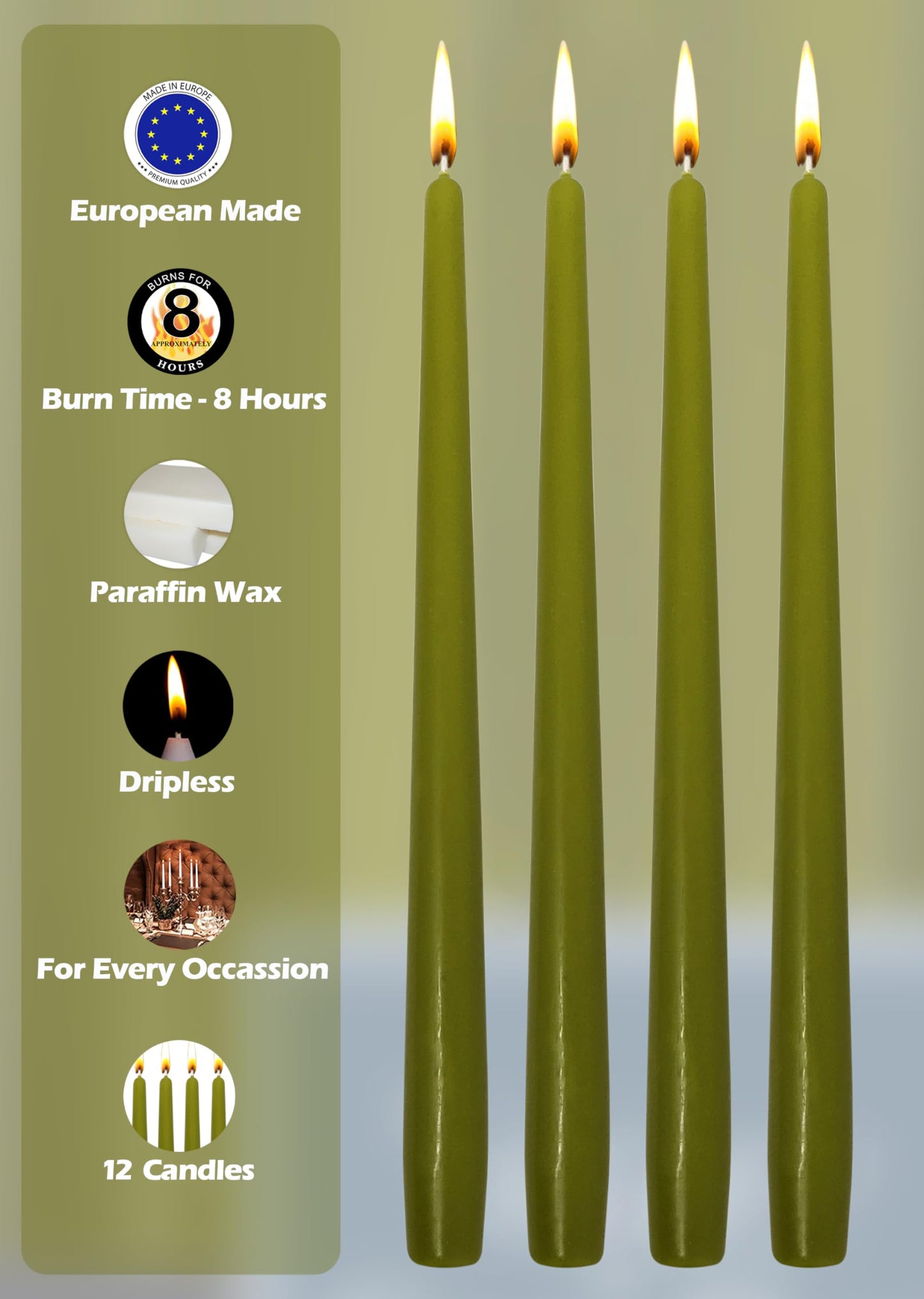 Hyoola Tall Taper Candles - 10 Inch Olive Green Unscented Dripless Taper Candles - 8 Hour Burn Time - 12 Pack
