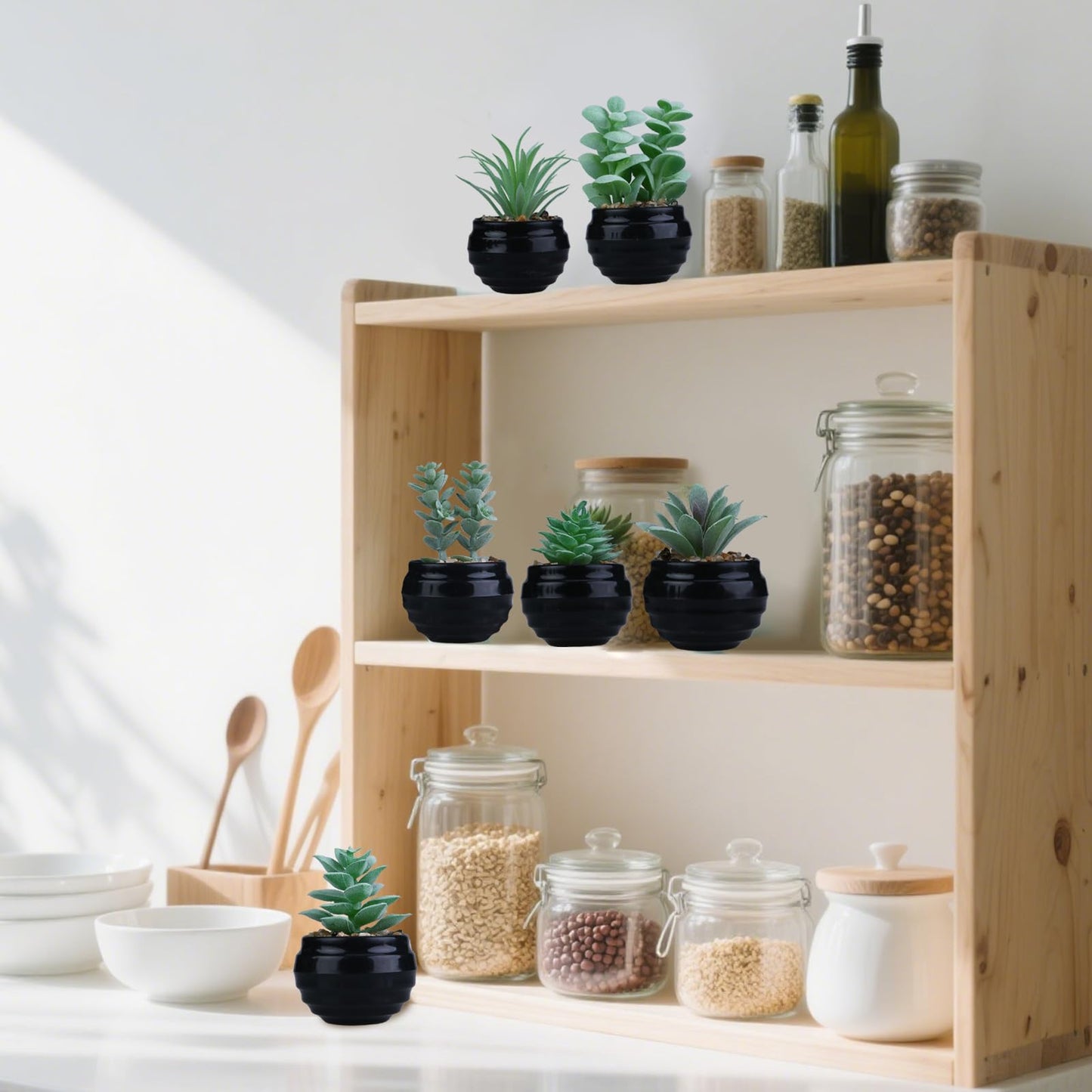 GREENTIME 6 Pcs Fake Succulent Plants Potted Set Artificial Mini Green Succulents in Black Pot as Party Gift Faux Plants Indoor for Home Office Desk Bathroom Bedroom Living Room Table Shelf Decoration