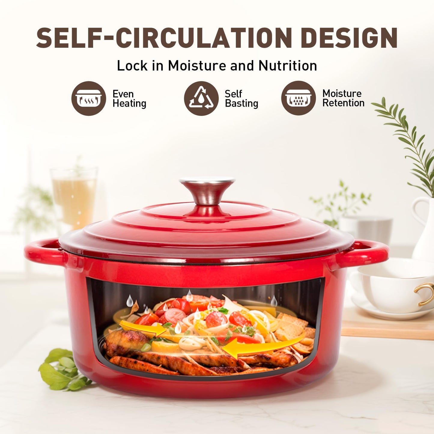 MAISON ARTS Enamel Cast Iron 7 Piece Cookware Set, Heavy Duty Dutch Ovens Pot with Lid, Red Non Stick Pots and Pans Sets, Oven Safe up to 500°F