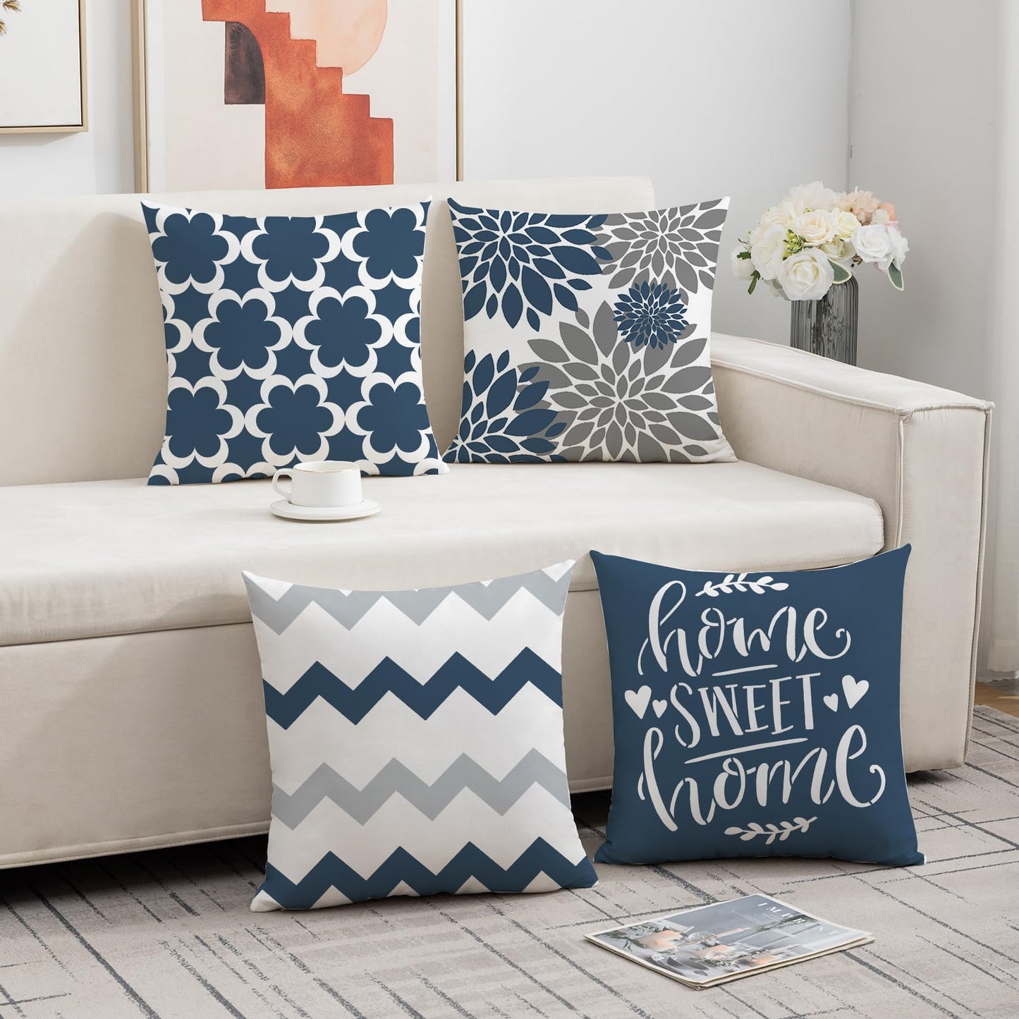 Mimkus Blue Farmhouse Pillow Cover 18 x 18 Inch Set of 4 Spring Summer Throw Pillow Covers Double-Sided Printing Pillow Case for Sofa Home Decor