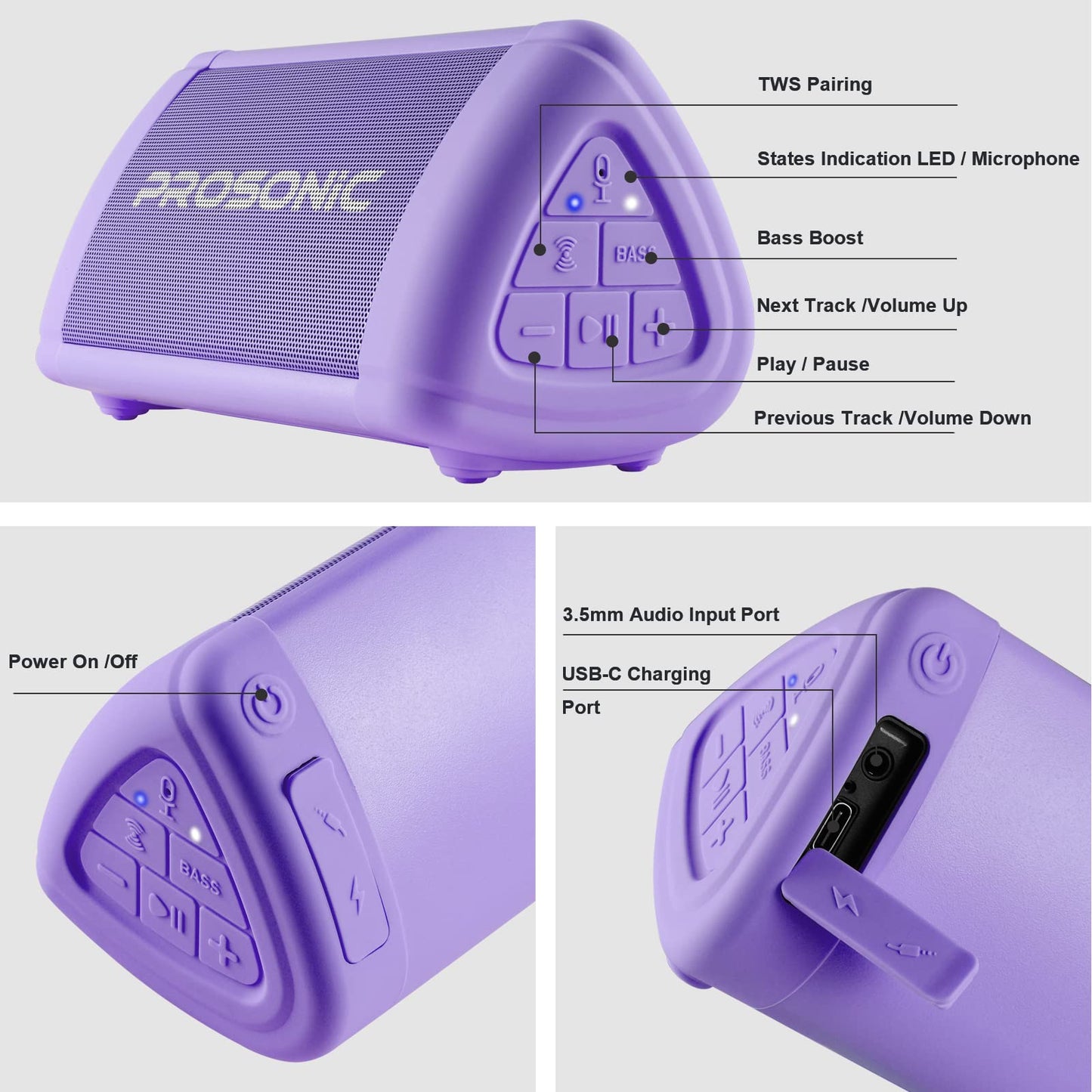 Prosonic BT3 Portable Wireless Bluetooth Speaker with 10W Stereo Sound & Bass Boost -Rich Sound & Intense Bass -Bluetooth 5.0 -Microphone -IPX5 - in & Outdoor Speaker (Purple)