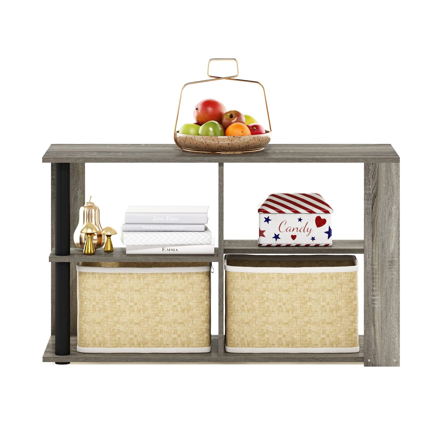 Furinno Romain Narrow End Table with Shelves, French Oak/Black