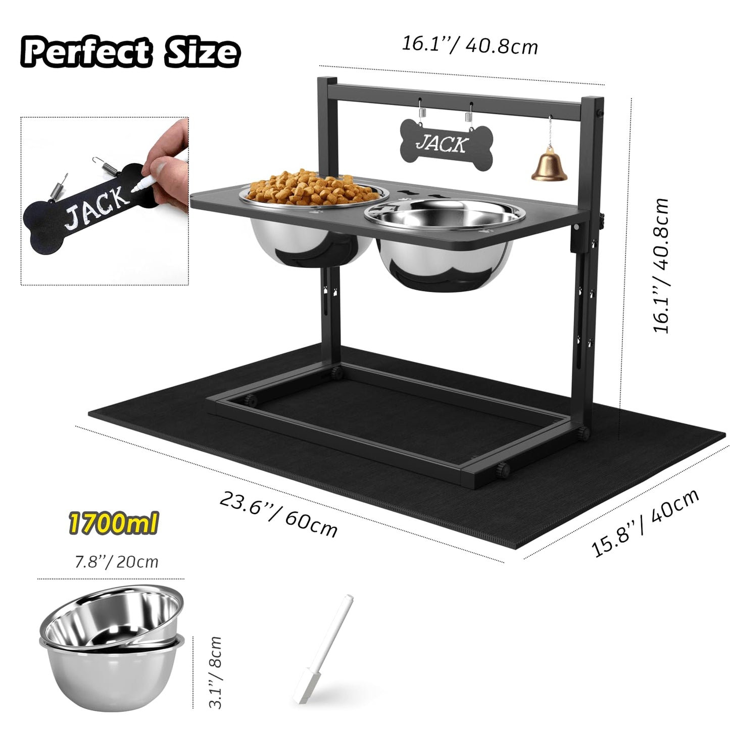 SHAINFUN Elevated Dog Bowls with Mat, Adjustable Height 4.3''-11.8'', Metal Stand, Two 1.7L Stainless Steel Food & Water Bowls for Large, Medium Dogs