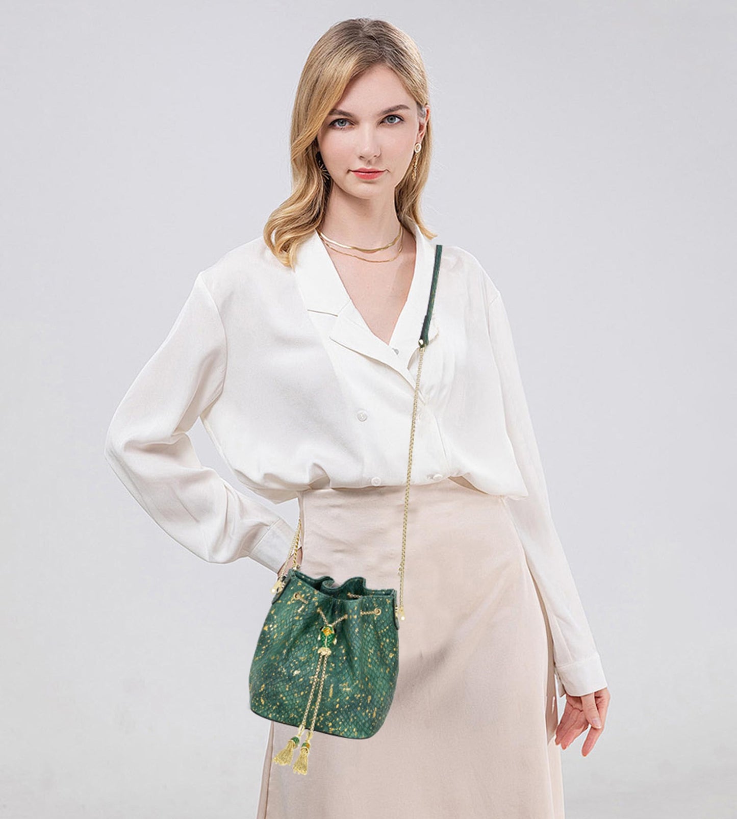 myfriday Leather Crossbody Bucket Bag for Women Luxury Drawstring Bag Evening Shoulder Bag with Datchable Chain Strap