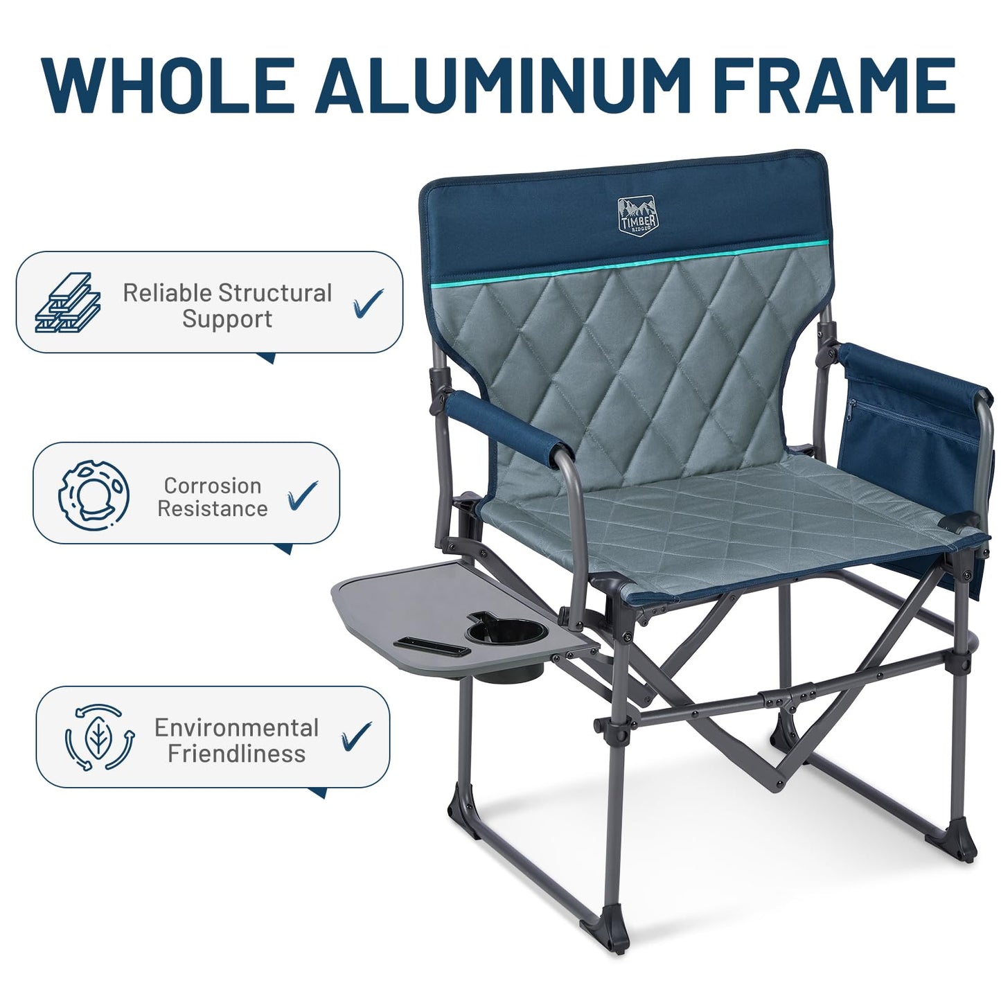 TIMBER RIDGE Aluminum Camping Directors Chair with Side Table Pocket, Portable Folding Heavy Duty Lawn Chair for Fishing Trip Picnic Concert Outdoor 400lbs, Navy 2 Pack