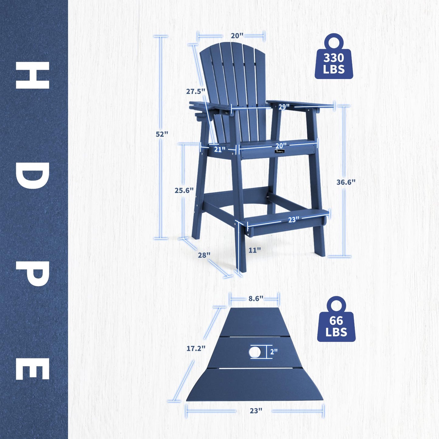 FUNBERRY Tall Adirondack Chair, All Weather High Top Balcony Chairs with Cup Holder