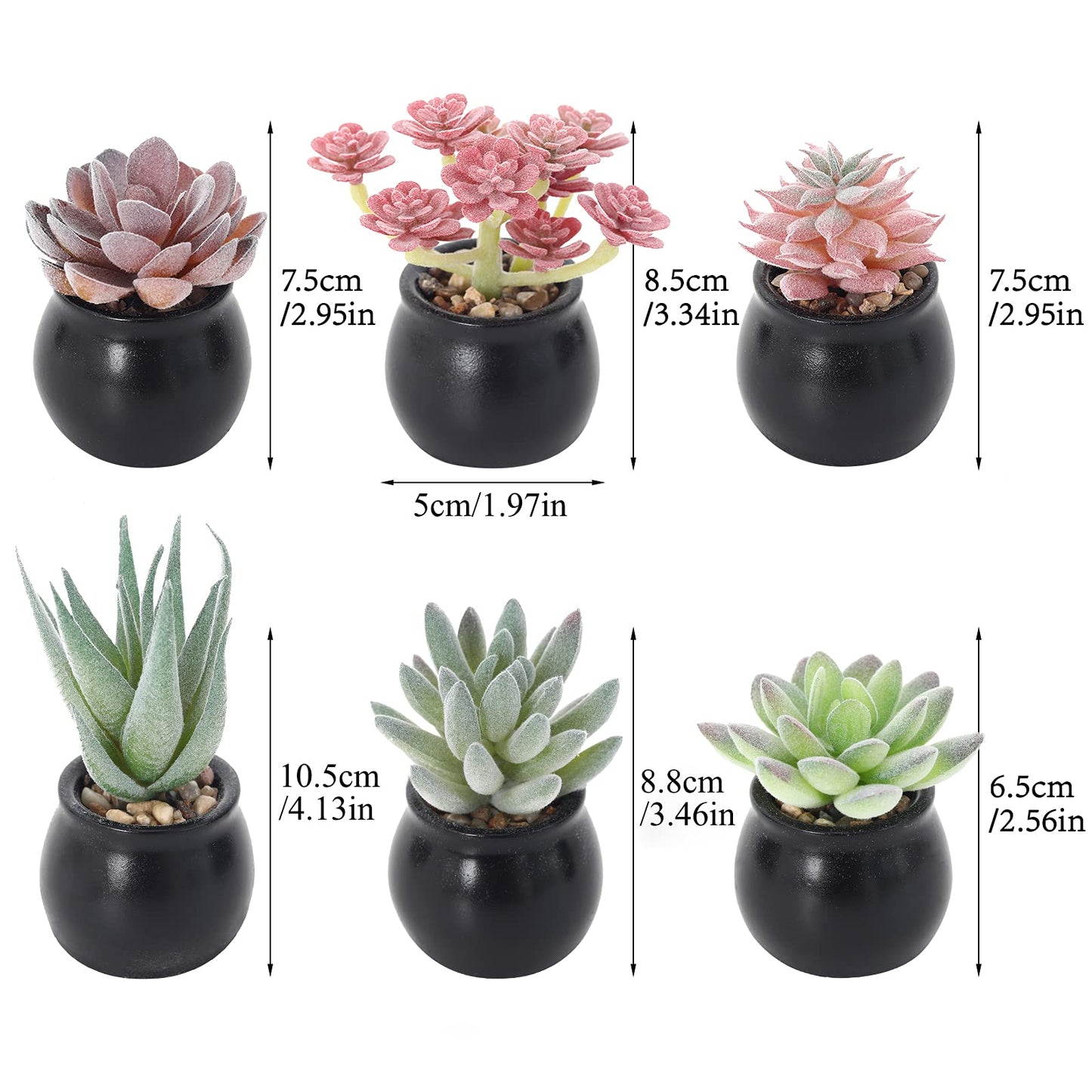 Nubry Mini Fake Plants in Ceramic Pots Artificial Small Succulents Potted Faux Assorted Lifelike Plants for Home Office Desk Decor, Set of 6 (Black Ceramic Pots)