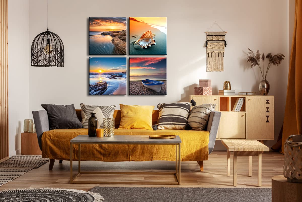 Pyradecor Sunset Sea Beach Modern Seascape Pictures Paintings on Canvas Wall Art 4 Panels Stretched Canvas Prints Artwork for Living Room Bedroom Home Office Decorations