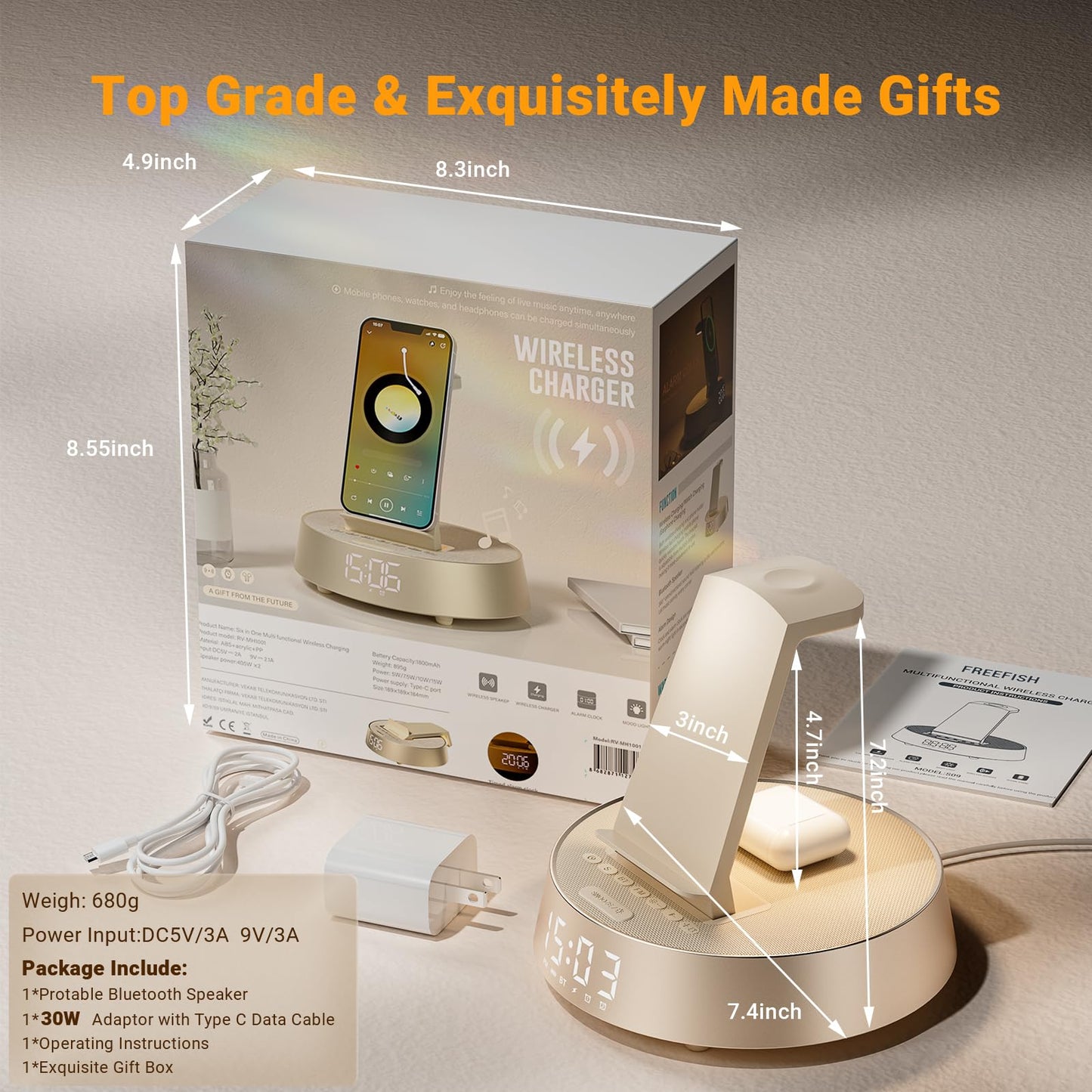 7 in 1 Wireless Charging Station, Alarm Clock for Bedroom with Dimmable Night Light Bluetooth Speaker, Dock Station for iPhone 16 15 14 13 12 11 Pro Max, Apple Watch, AirPods Pro