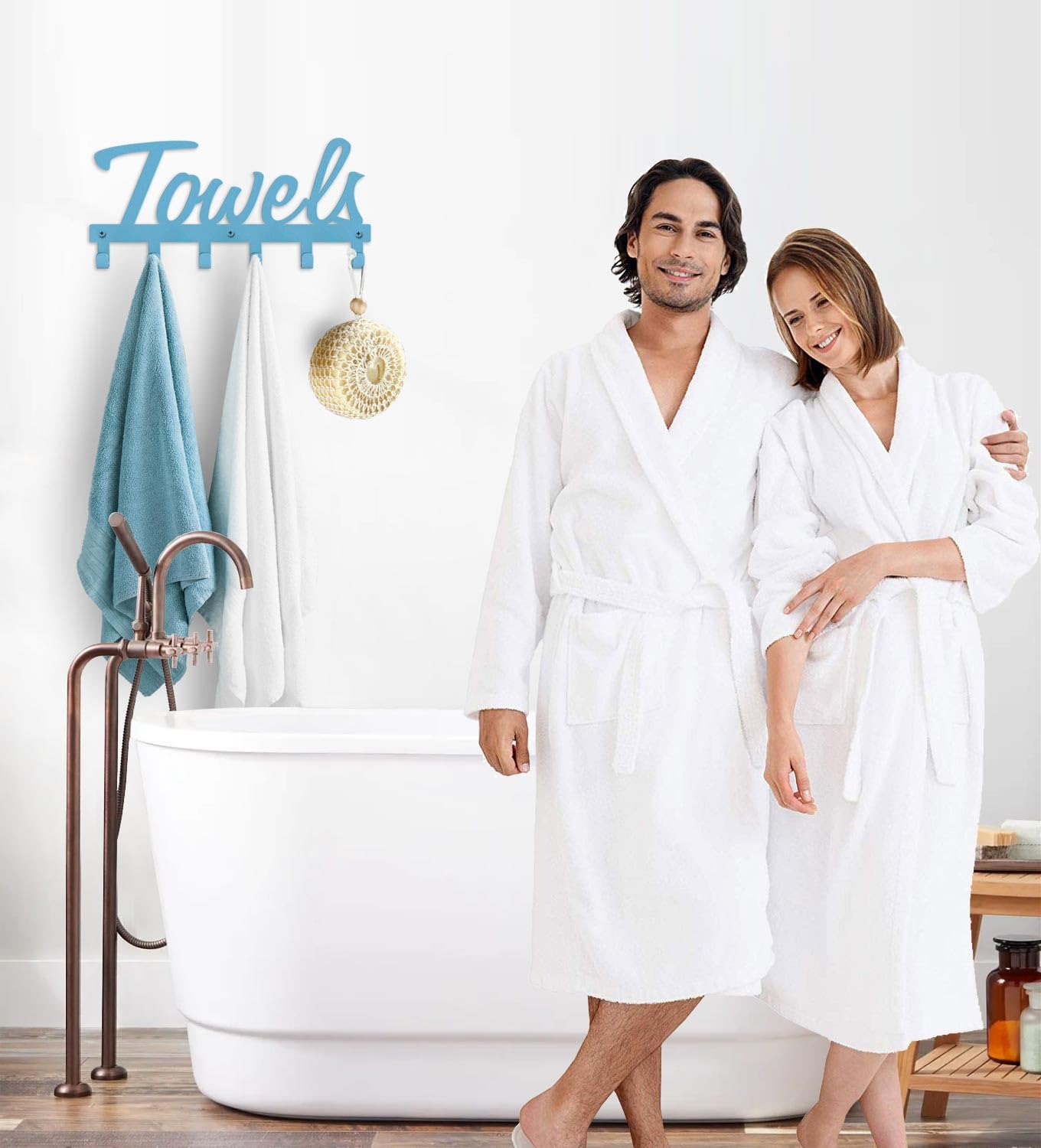 Livelab Towel Rack, Towel Racks for Bathroom Wall Mounted, 6 Hooks Blue Metal Towel Holder for Bathroom Space Saving, Waterproof Rustproof Easy Install Bathroom Decor Towel Hanger Organizer