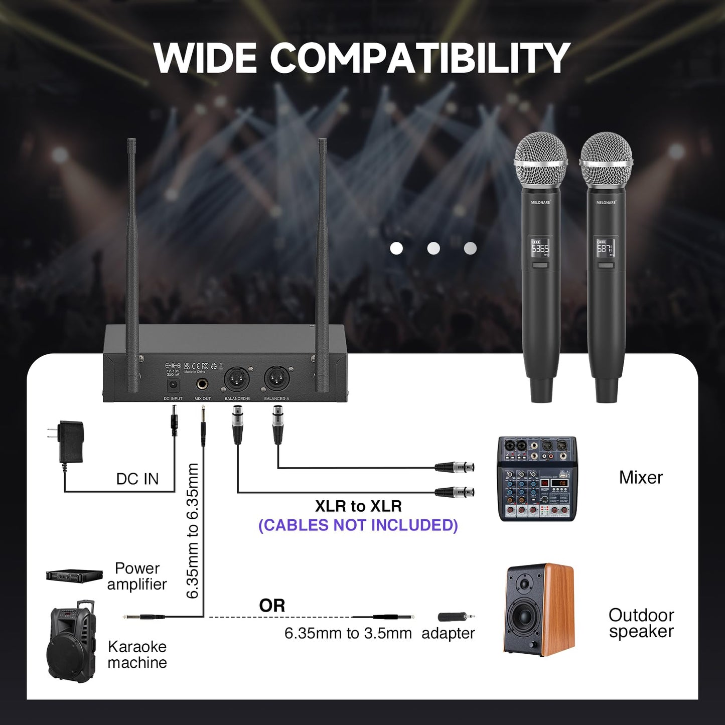 Dual Channel Wireless Microphone System, MELONARE Auto-Scan Professional Cordless Dynamic Mic Set, 260ft Range, 2x100 UHF Metal Wireless Mic for Singing, Karaoke, Church, Wedding, DJ (MWU-20-2H)