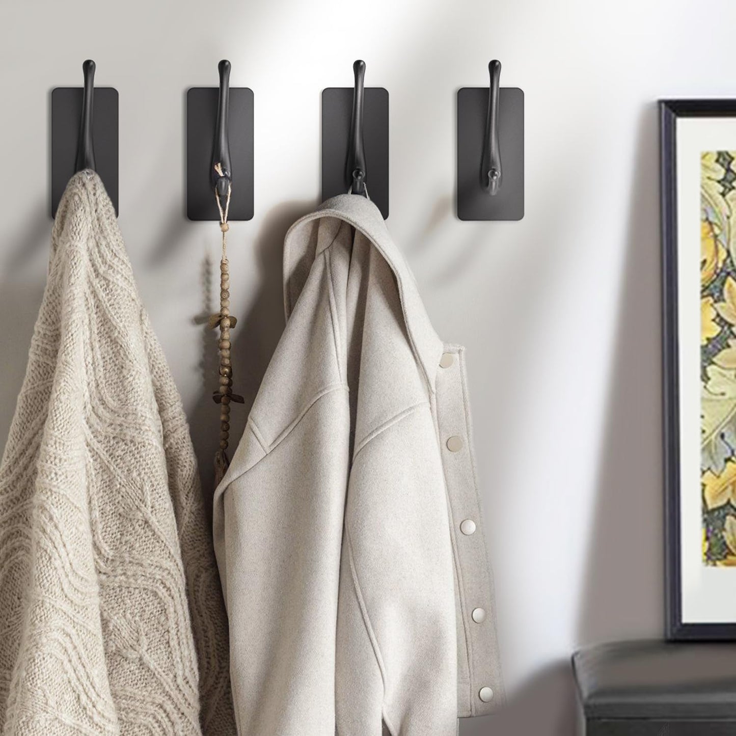 JCHOUS Towel Hooks, Solid Alloy Adhesive Wall Hooks for Hanging, Towel Hooks for Bathroom, RV, Kitchen, Closets, etc (Black, 4 Pack)